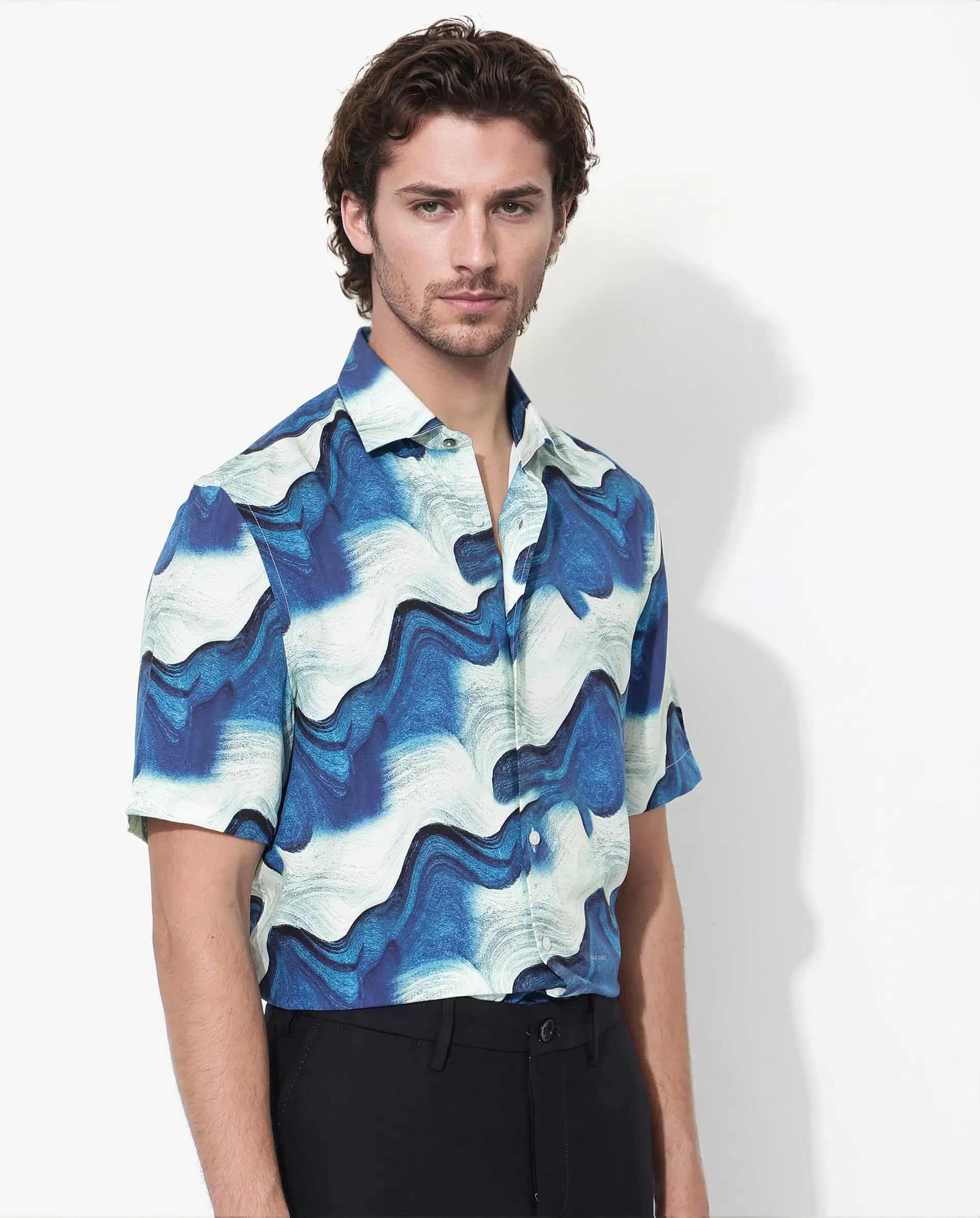 Rare Rabbit Men's Tijon Blue Viscose Abstract Print Regular Fit Half Sleeve Collared Shirt