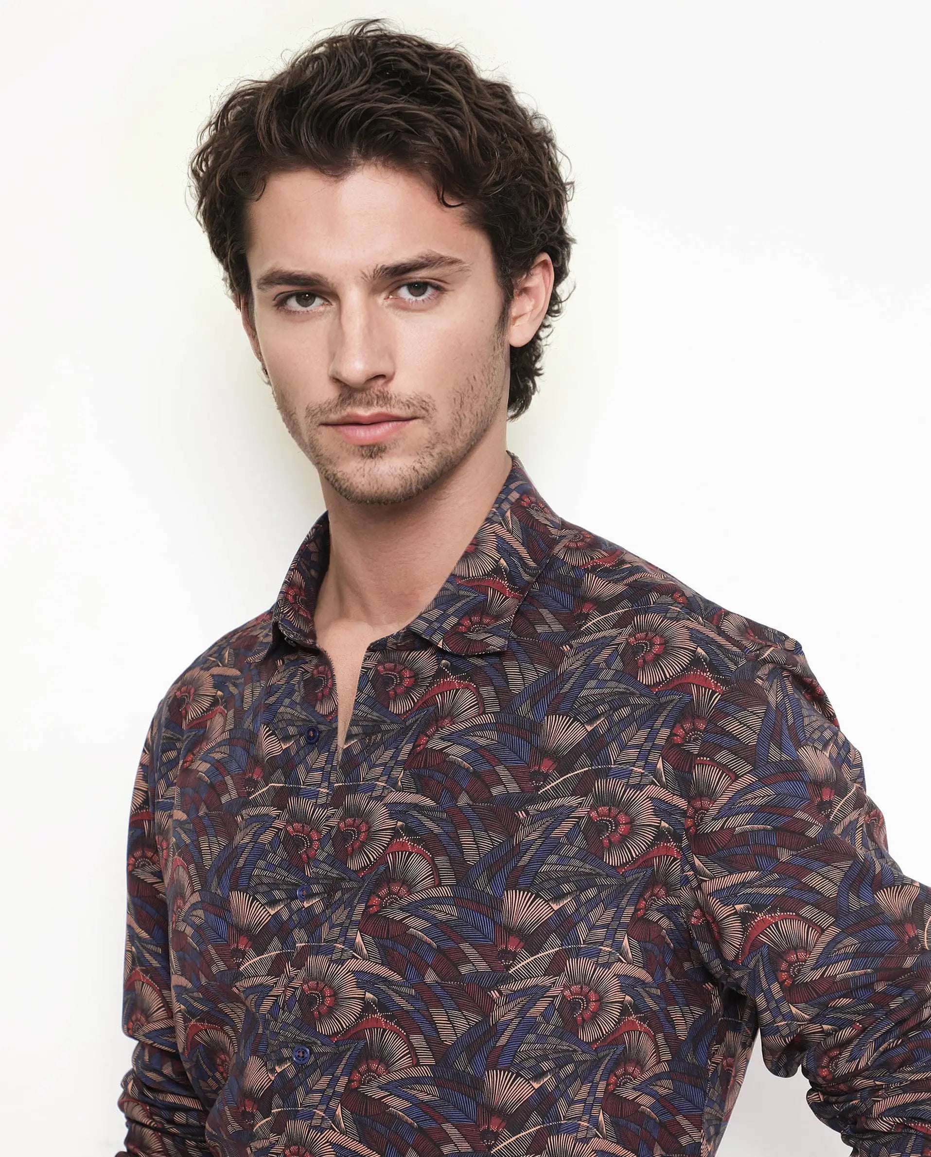 Rare Rabbit Men's Mids Navy Viscose Abstract Print Regular Fit Full Sleeve Collared Shirt