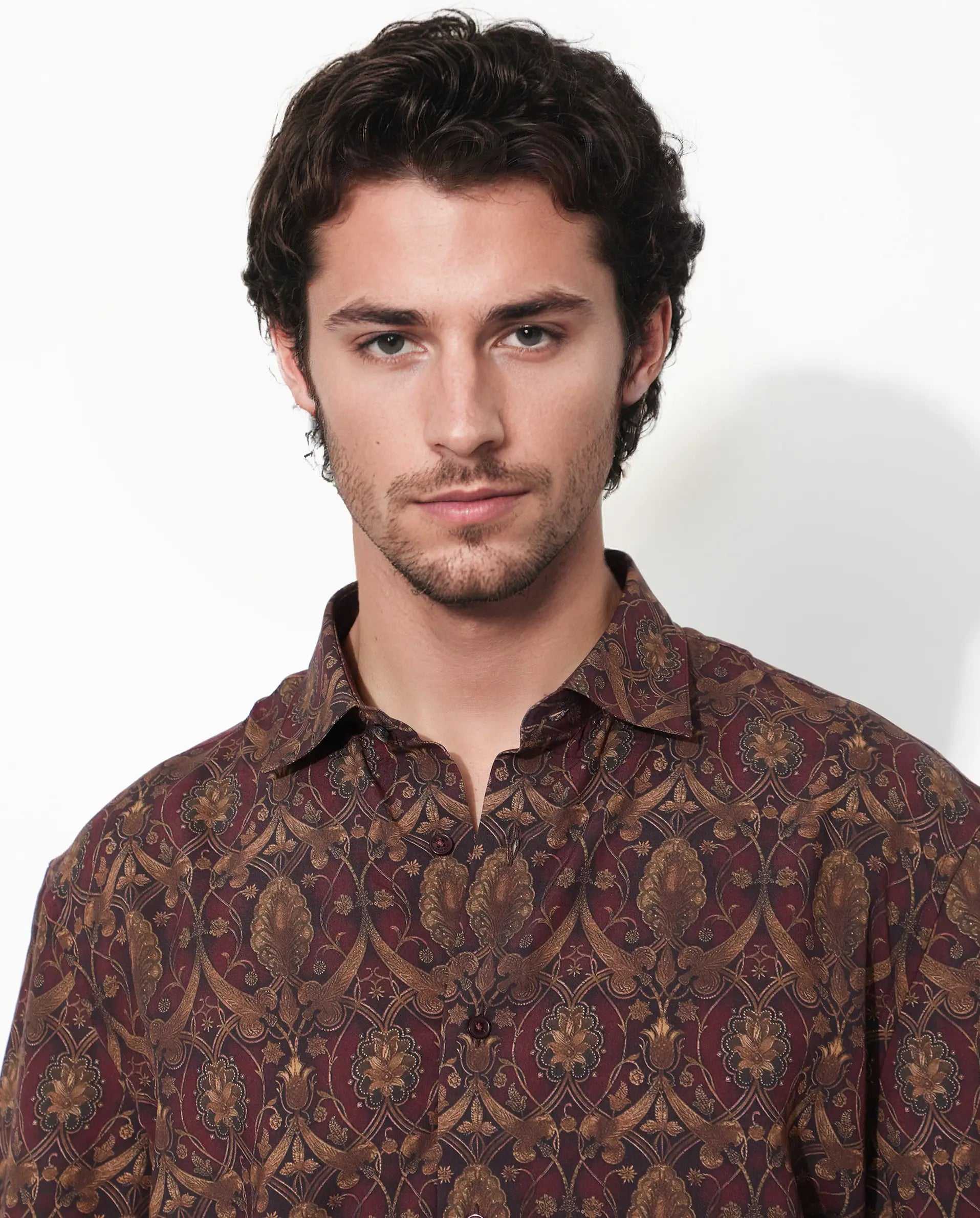 Rare Rabbit Men's Andin Brown Viscose Floral Print Boxy Fit Half Sleeve Collared Shirt