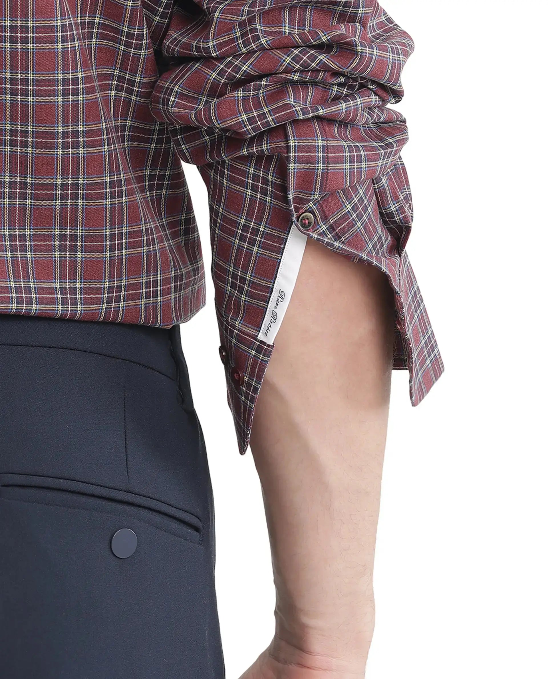 Rare Rabbit Men's Plix Maroon Cotton Checked Print Regular Fit Full Sleeve Collared Shirt