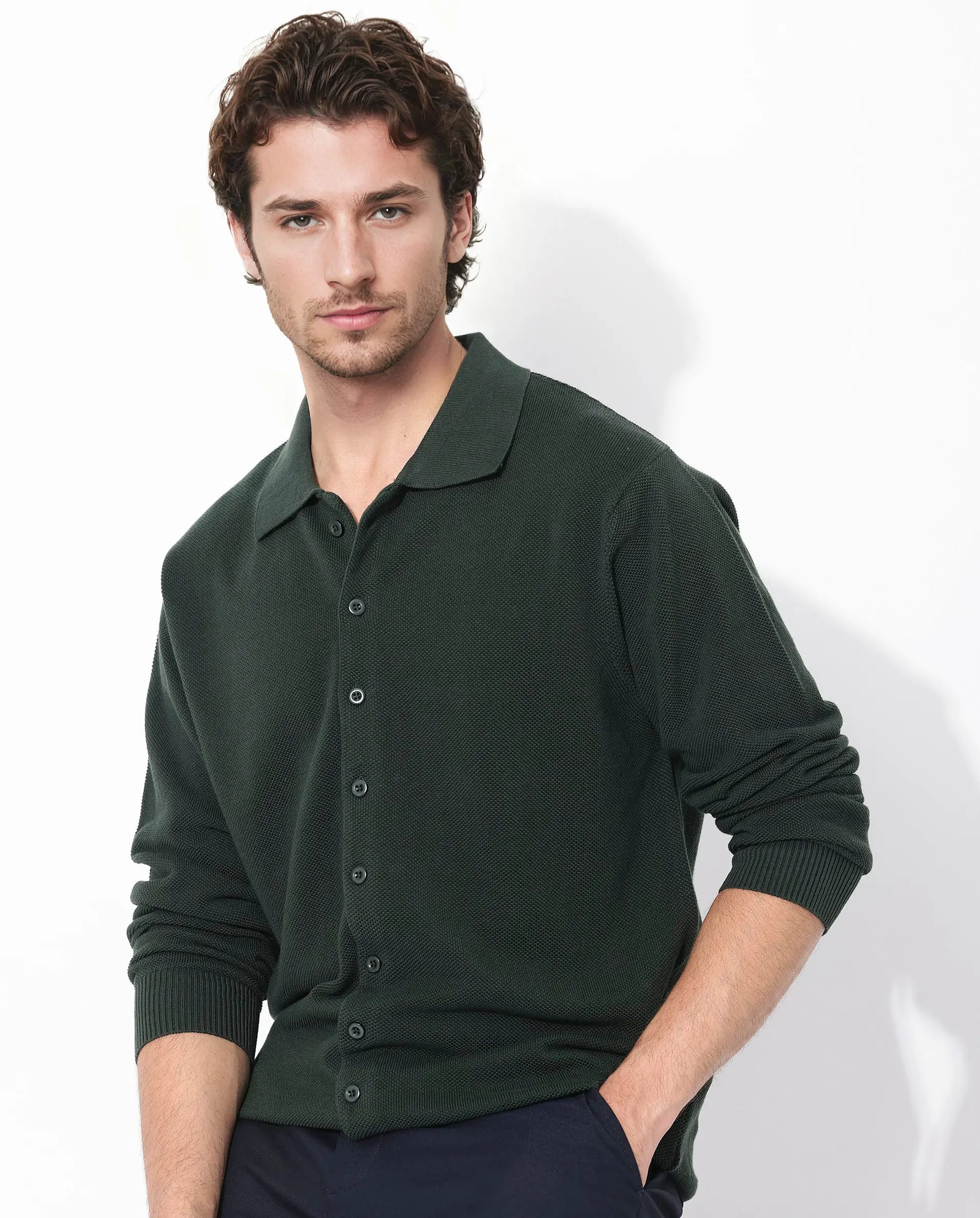 Rare Rabbit Men's Alias-N Dark Green Cotton Plain Regular Fit Full Sleeve Collared Shirt