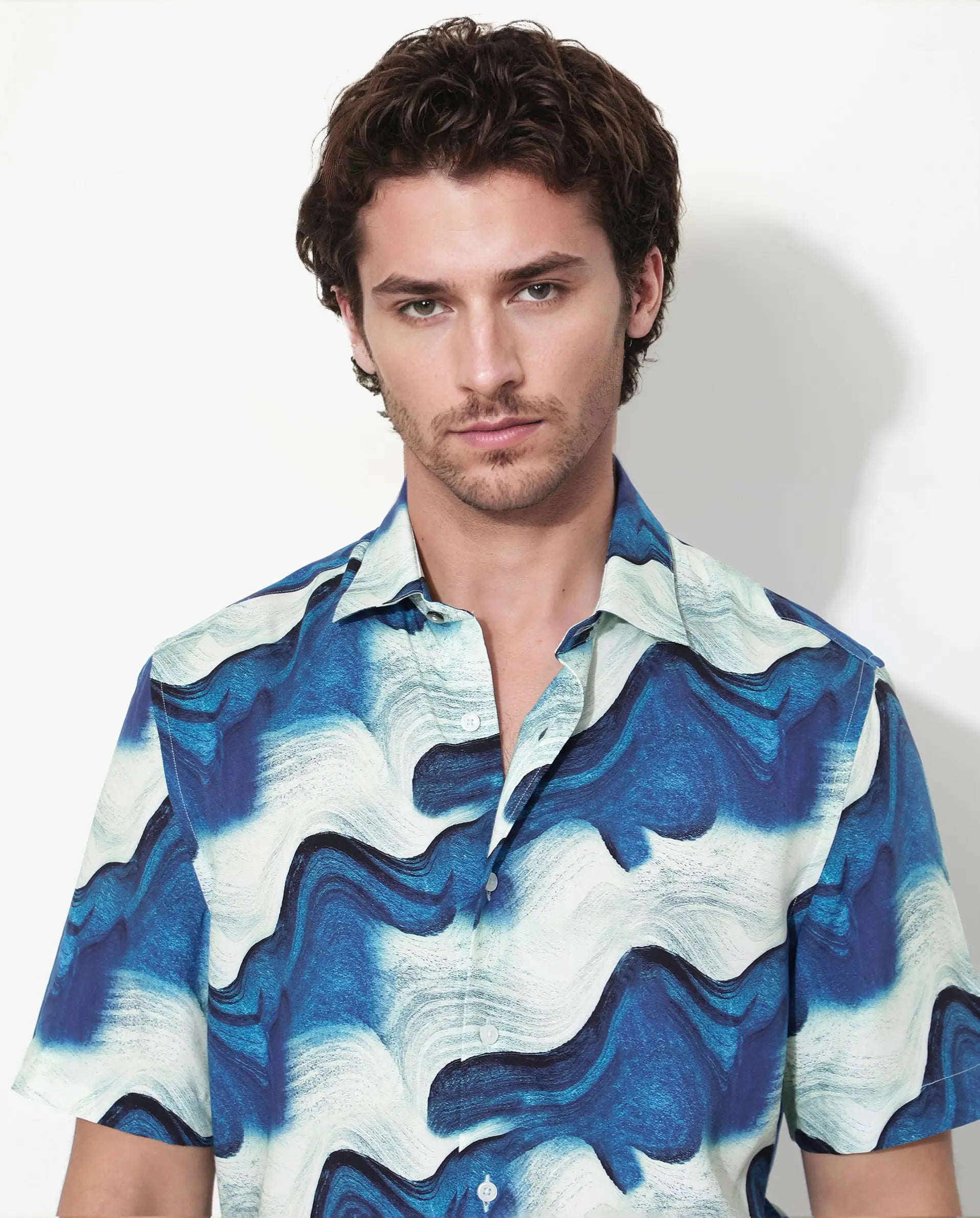 Rare Rabbit Men's Tijon Blue Viscose Abstract Print Regular Fit Half Sleeve Collared Shirt