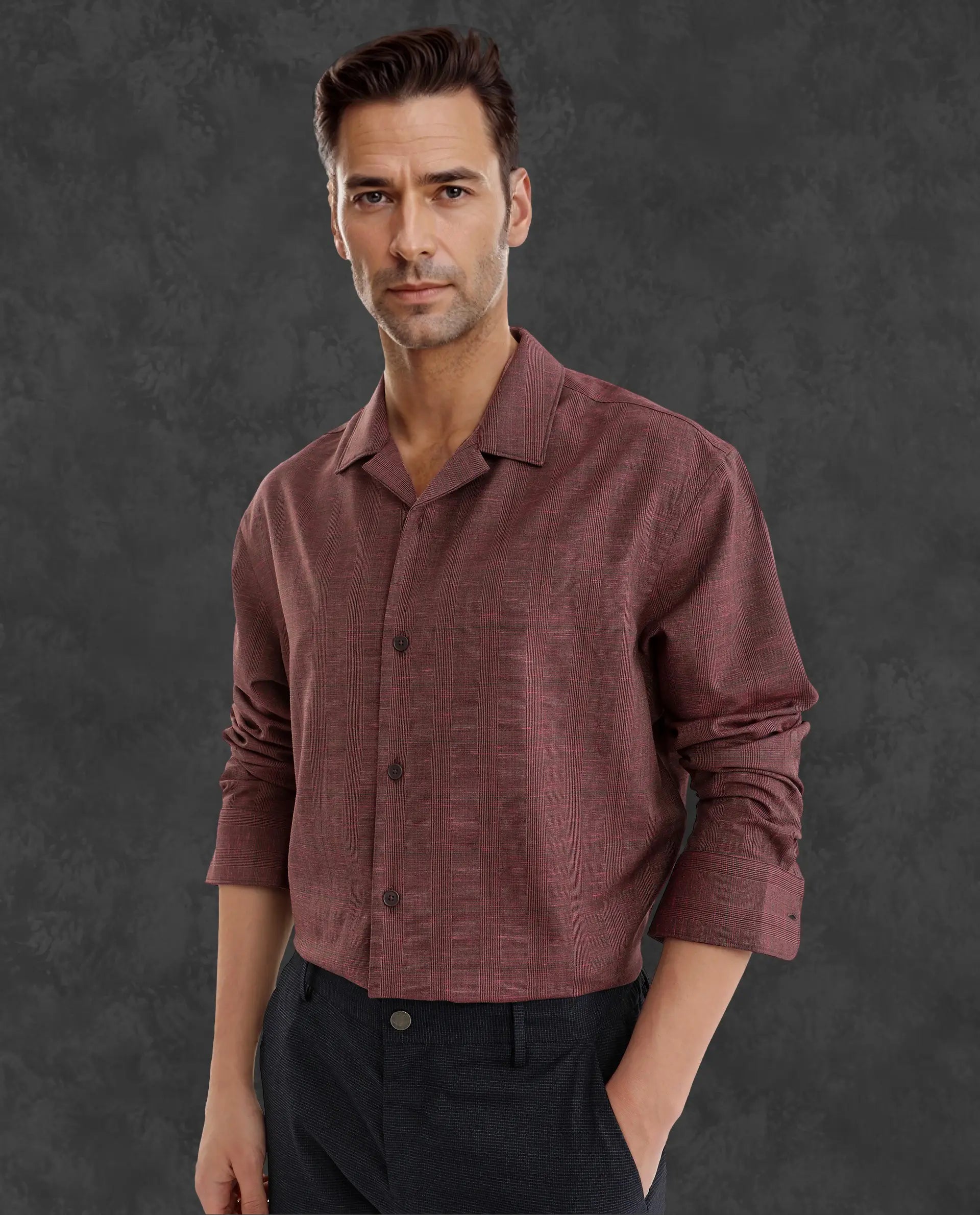 Rare Rabbit Men's Reno Maroon Cotton Checked Print Regular Fit Full Sleeve Collared Shirt