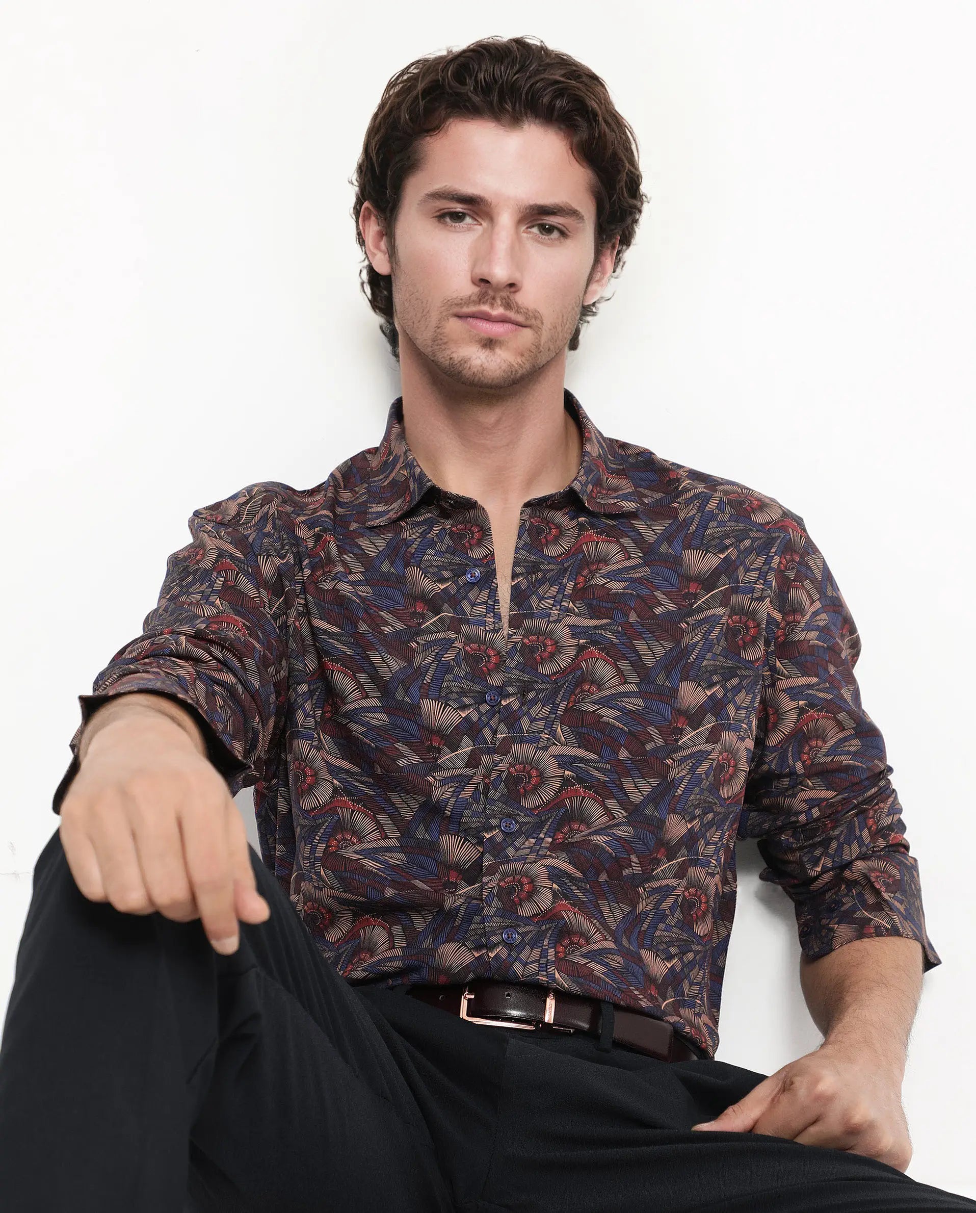 Rare Rabbit Men's Mids Navy Viscose Abstract Print Regular Fit Full Sleeve Collared Shirt