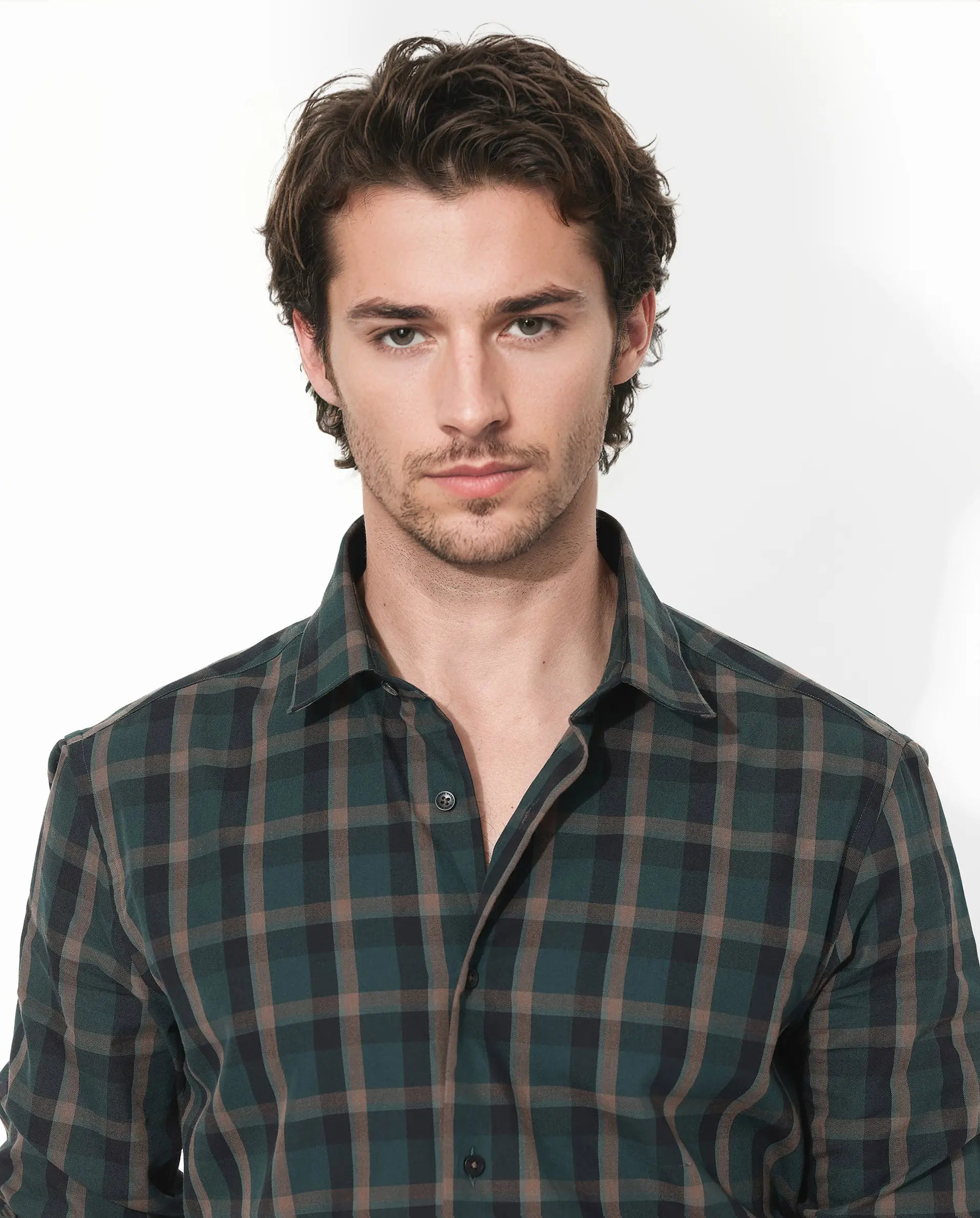 Rare Rabbit Men's Shiloh Dark Green Cotton Checked Print Regular Fit Full Sleeve Collared Shirt