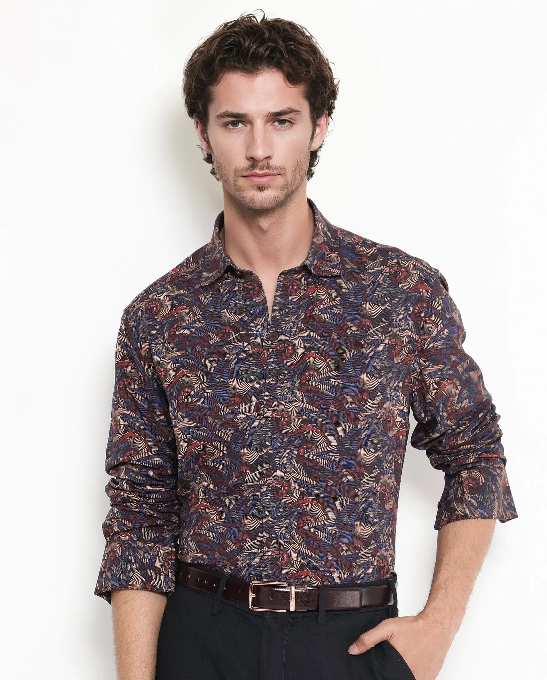 Rare Rabbit Men's Mids Navy Viscose Abstract Print Regular Fit Full Sleeve Collared Shirt