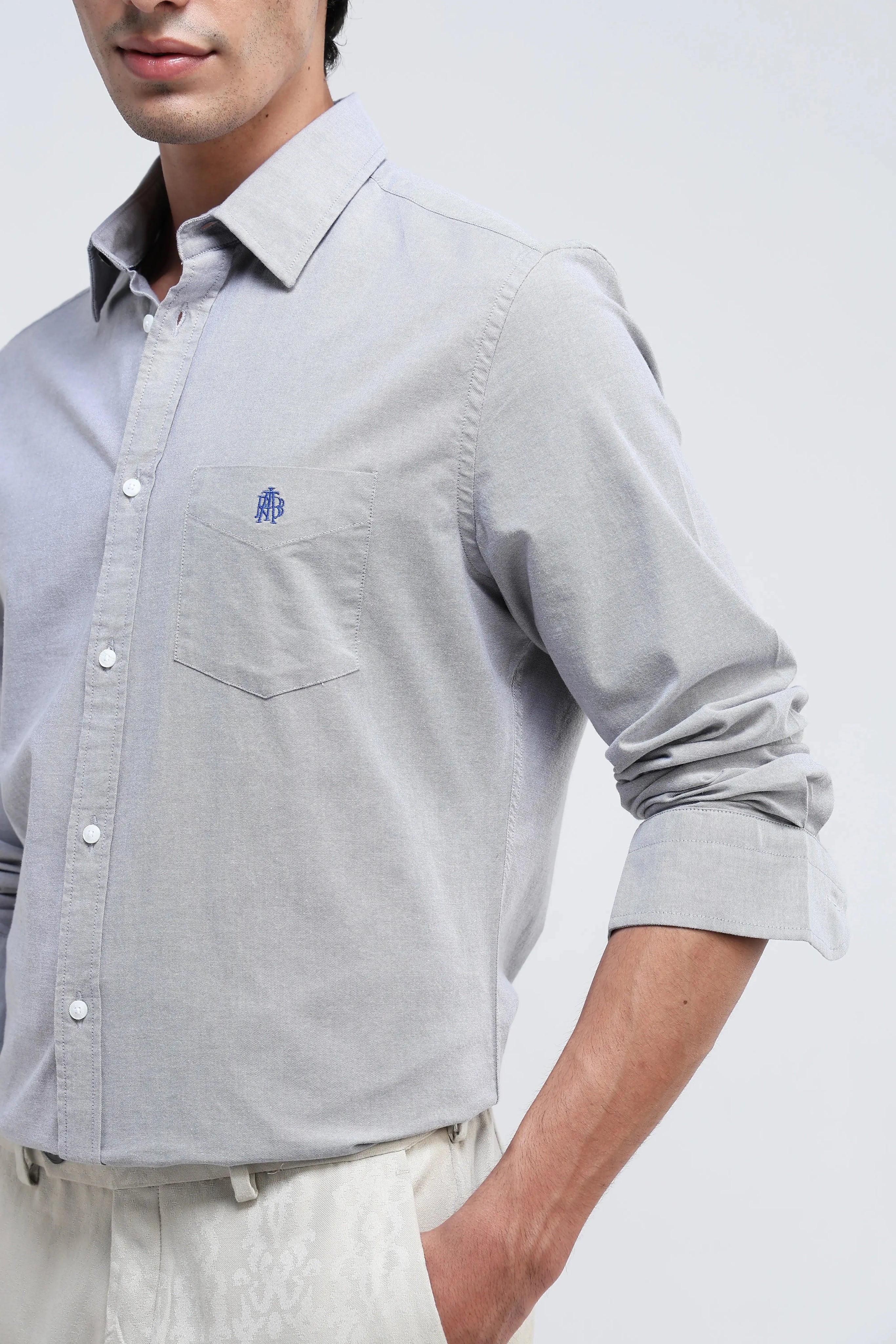 Rare Rabbit Men's Oxob Grey Cotton Blend Plain Regular Fit Full Sleeve Collared Shirt