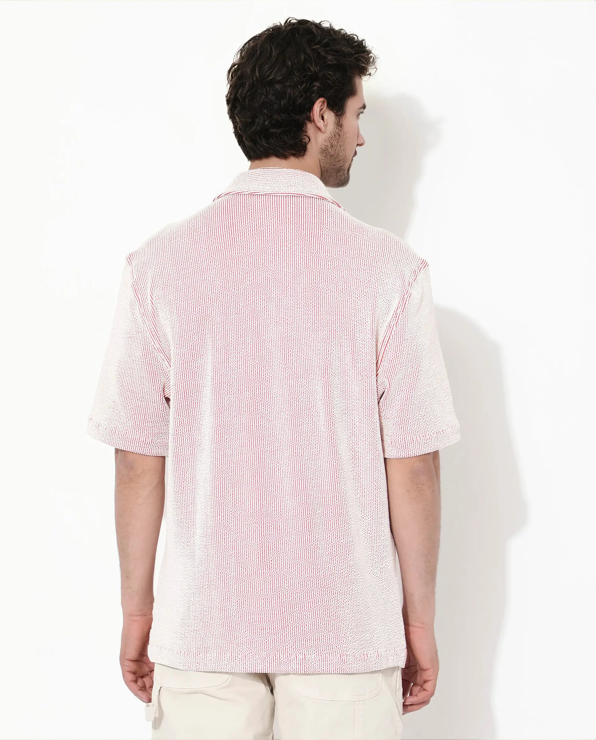 Rare Rabbit Men's Zavet-S Rust Cotton Striped Print Boxy Fit Half Sleeve Cuban Collar Shirt