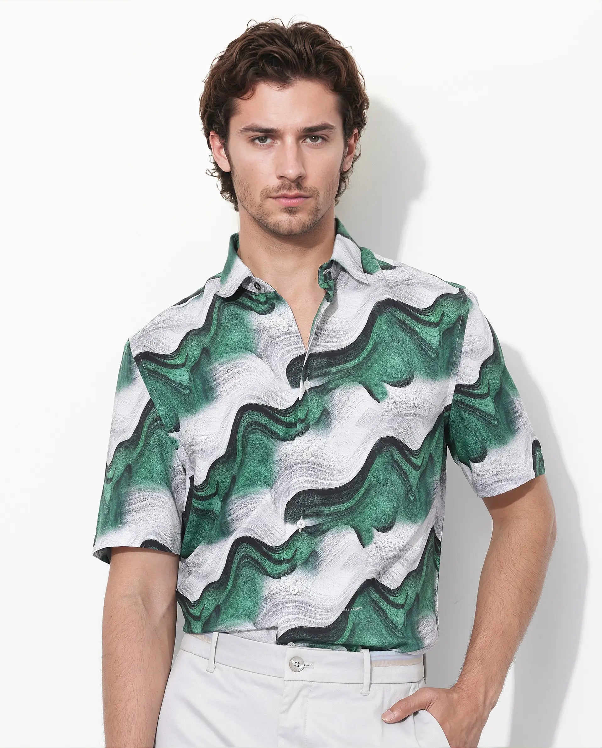 Rare Rabbit Men's Tijon Dark Green Viscose Abstract Print Regular Fit Half Sleeve Collared Shirt