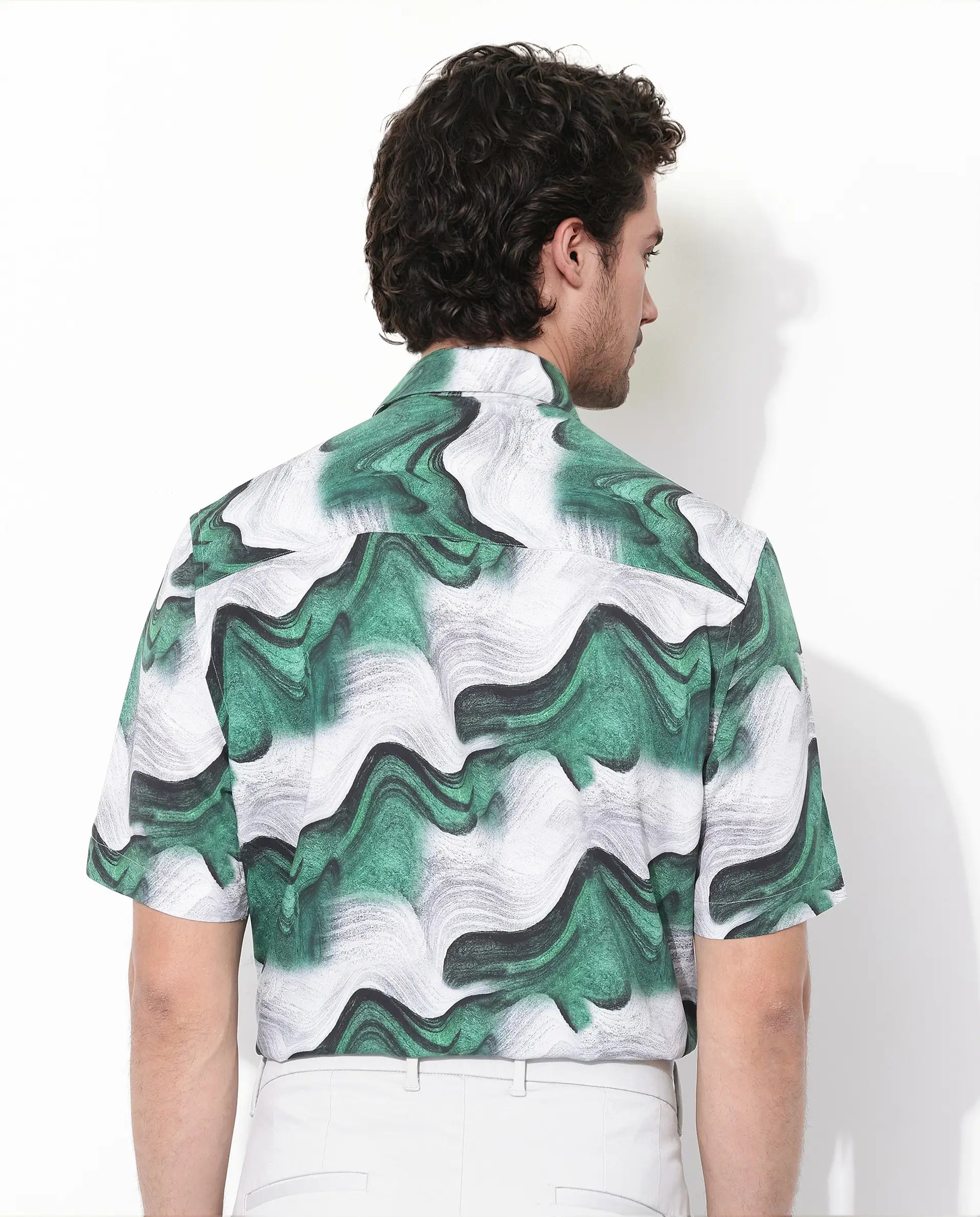 Rare Rabbit Men's Tijon Dark Green Viscose Abstract Print Regular Fit Half Sleeve Collared Shirt