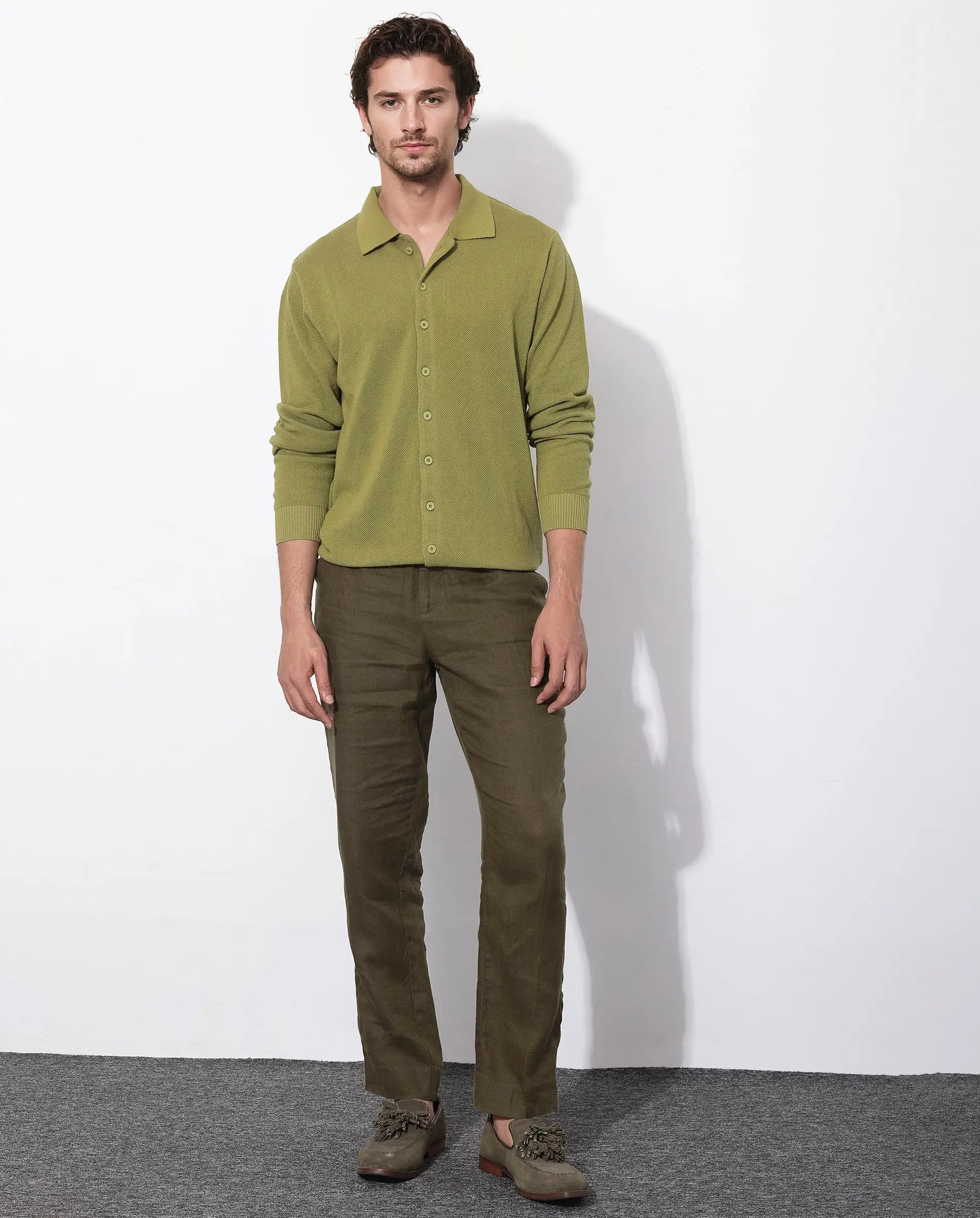 Rare Rabbit Men's Alias-N Flouroscent Green Cotton Plain Regular Fit Full Sleeve Collared Shirt