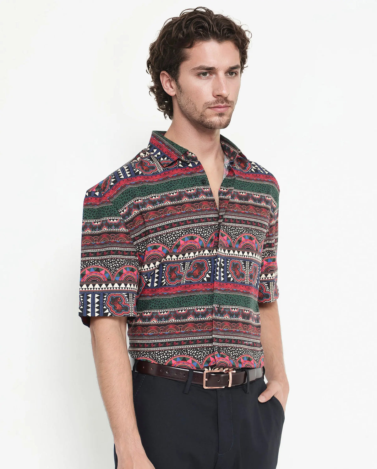 Rare Rabbit Men's Hatham Ss Black Viscose Abstract Print Boxy Fit Half Sleeve Spread Collar Shirt