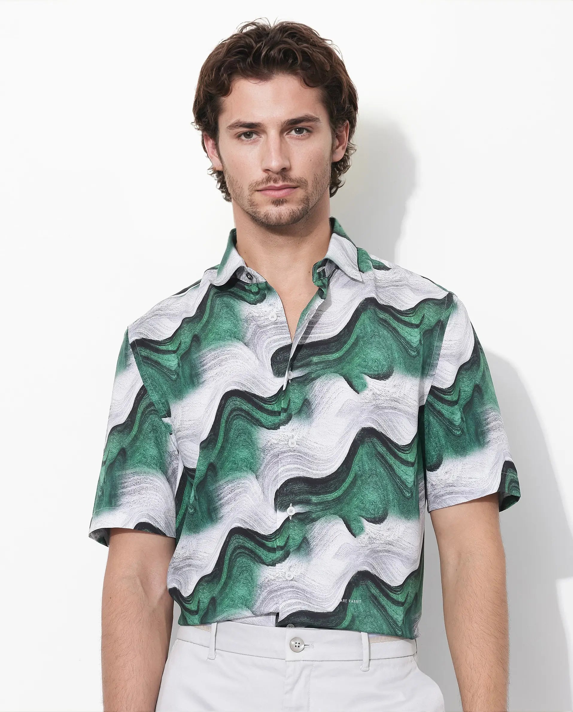Rare Rabbit Men's Tijon Dark Green Viscose Abstract Print Regular Fit Half Sleeve Collared Shirt