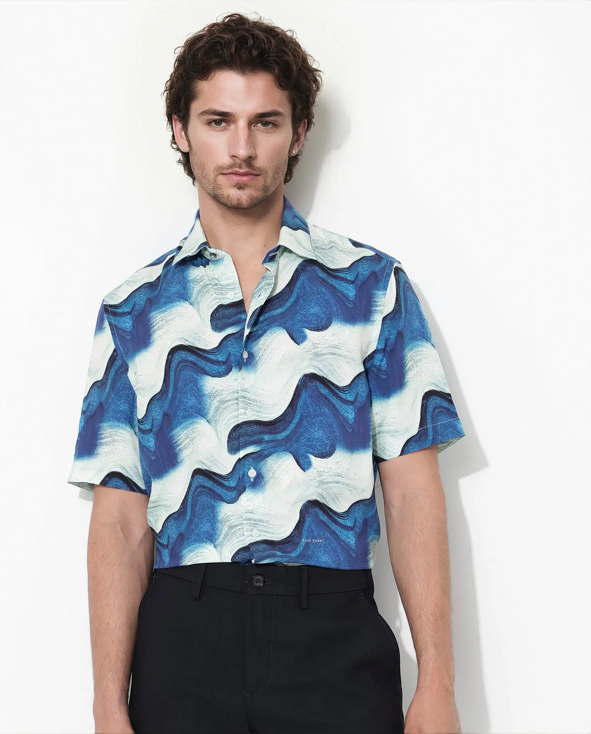 Rare Rabbit Men's Tijon Blue Viscose Abstract Print Regular Fit Half Sleeve Collared Shirt