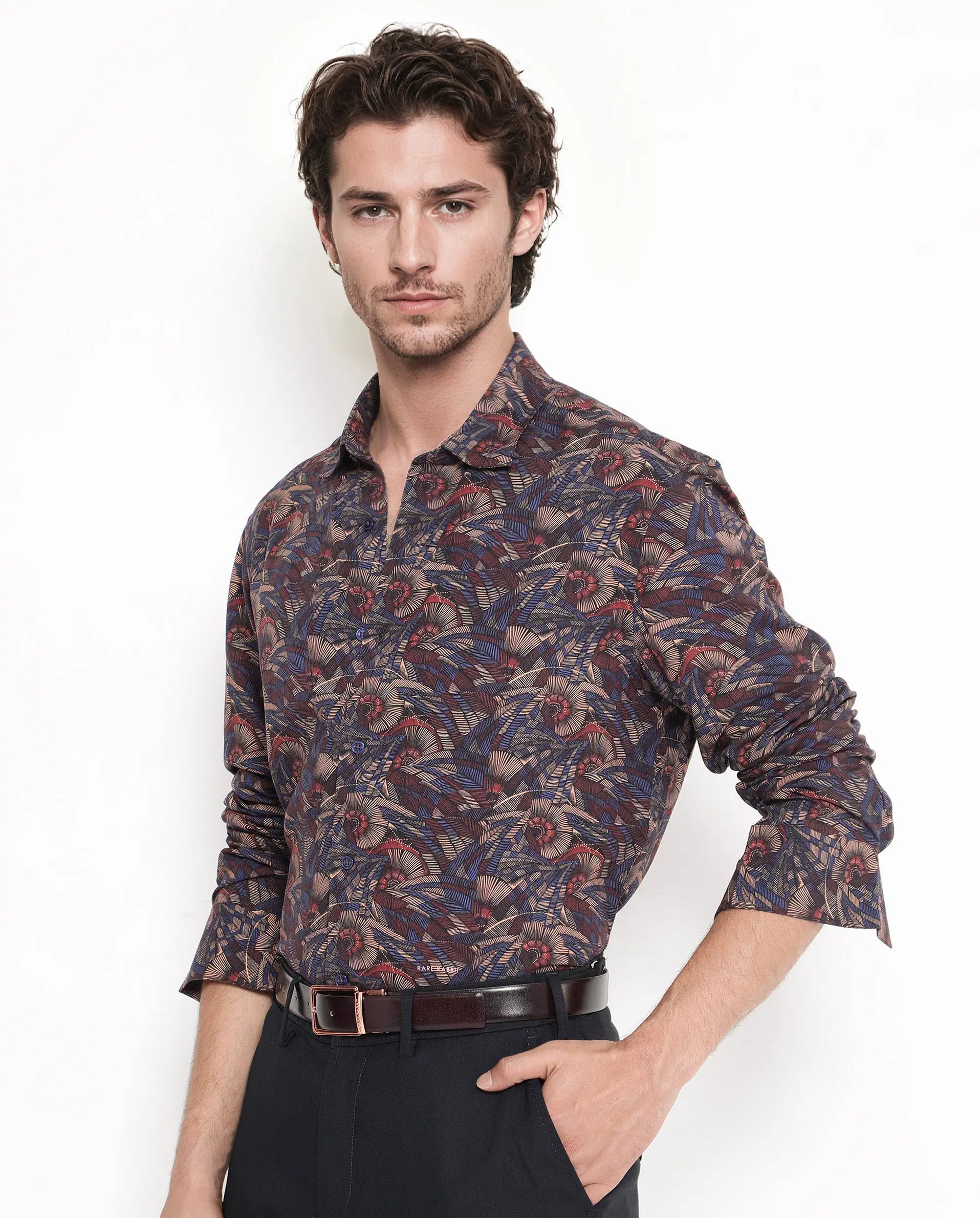 Rare Rabbit Men's Mids Navy Viscose Abstract Print Regular Fit Full Sleeve Collared Shirt