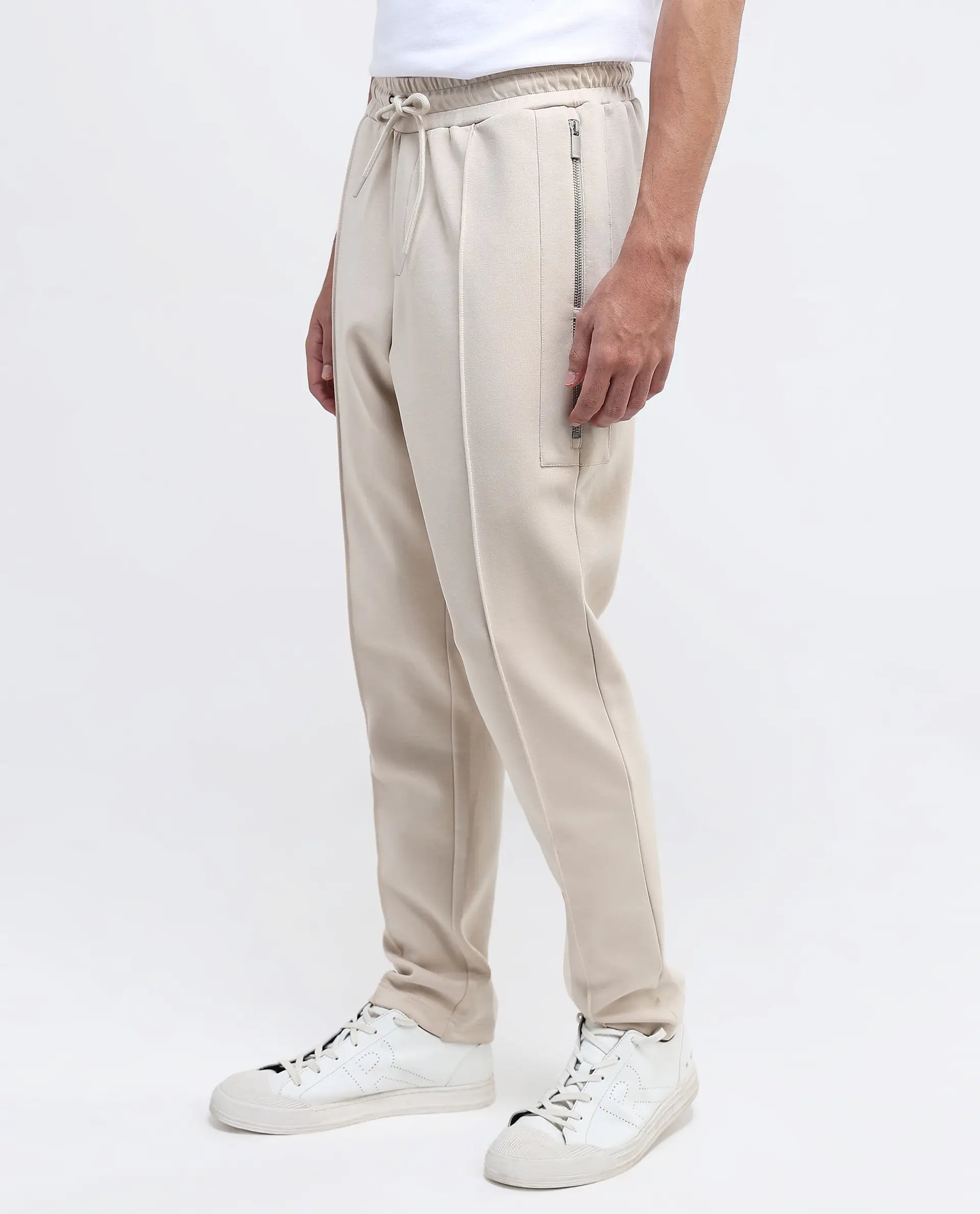 Rare Rabbit Men Scot Light Beige Full Sleeve Drawstring Closure Slim Fit Plain Track Pant