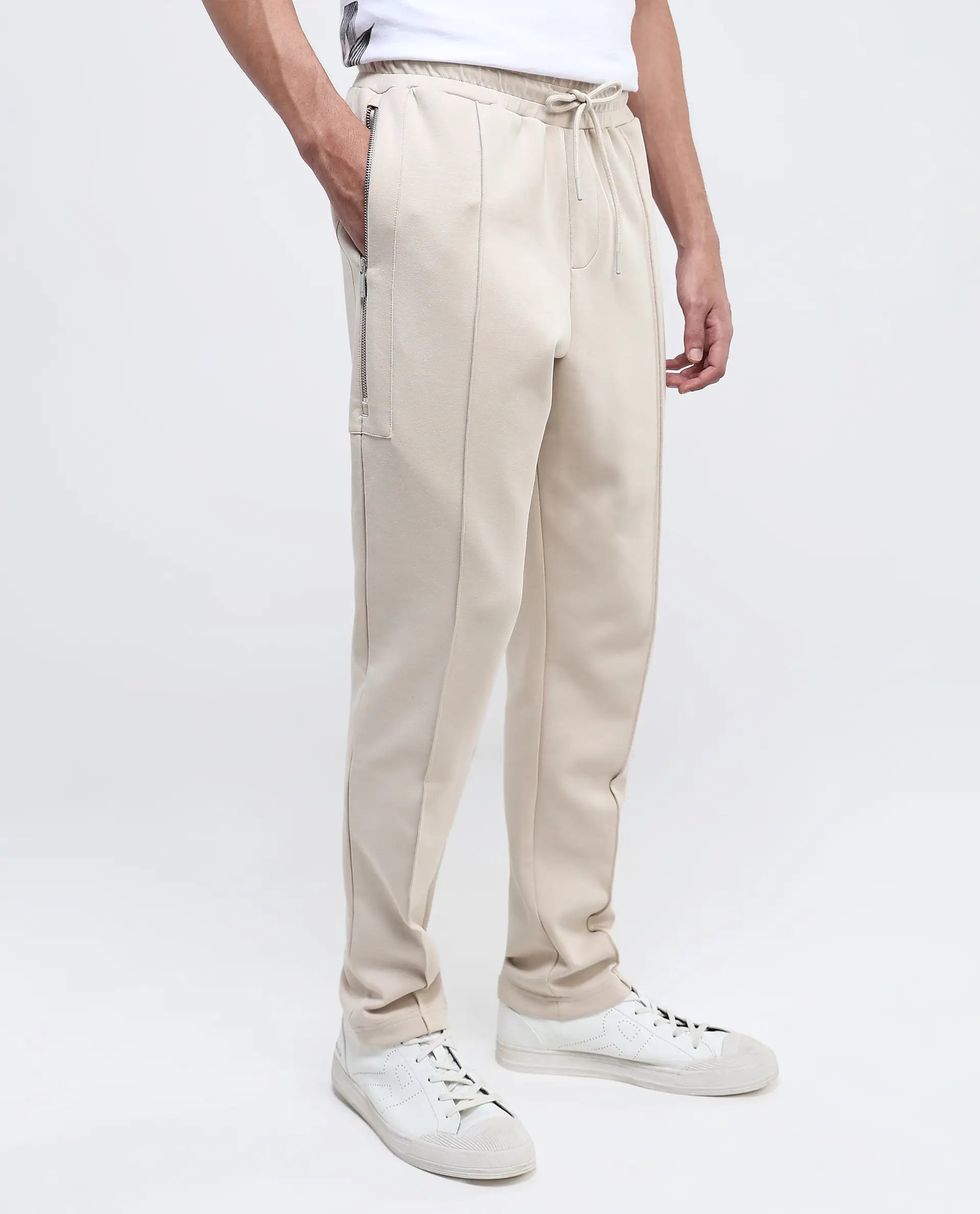 Rare Rabbit Men Scot Light Beige Full Sleeve Drawstring Closure Slim Fit Plain Track Pant
