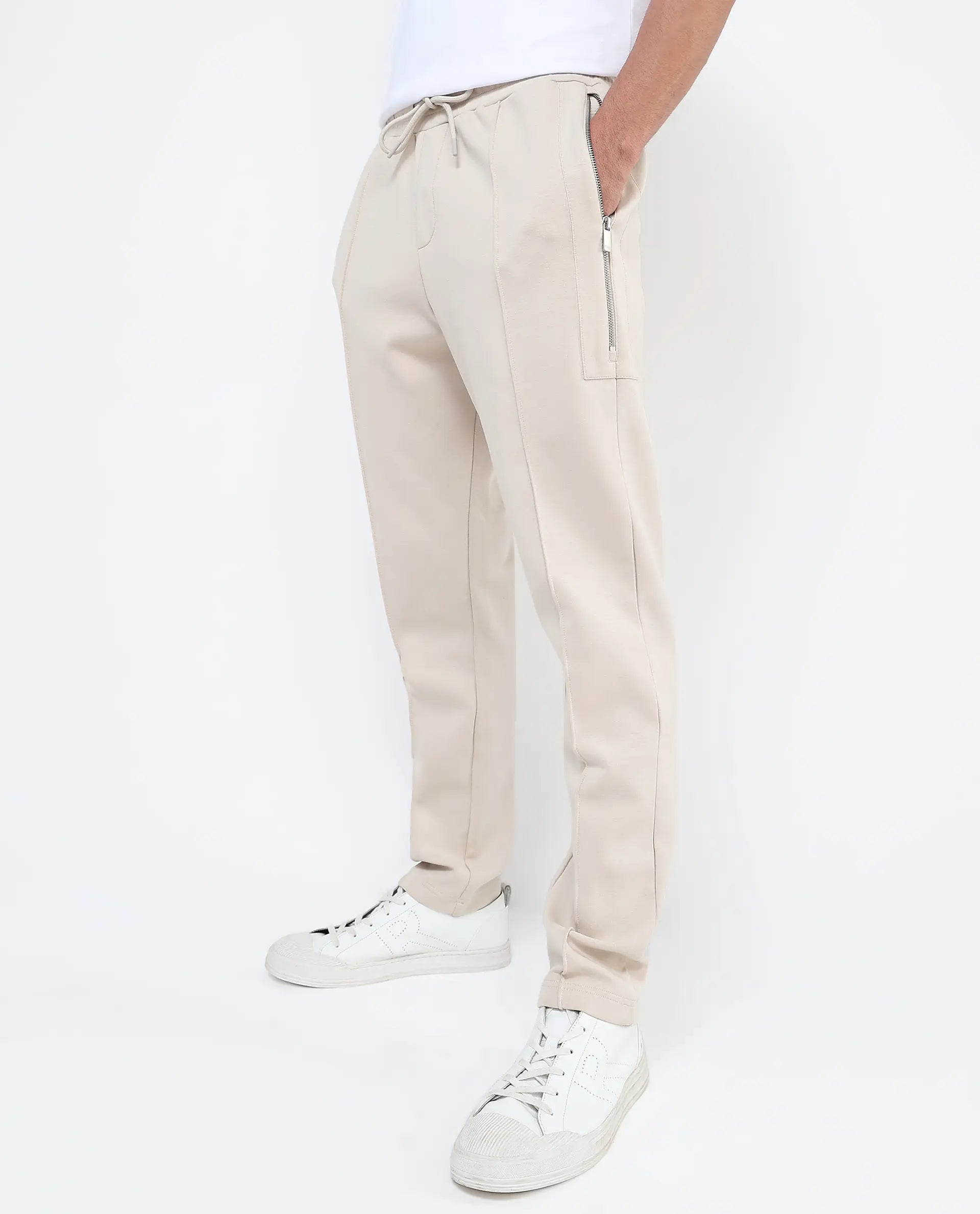 Rare Rabbit Men Scot Light Beige Full Sleeve Drawstring Closure Slim Fit Plain Track Pant