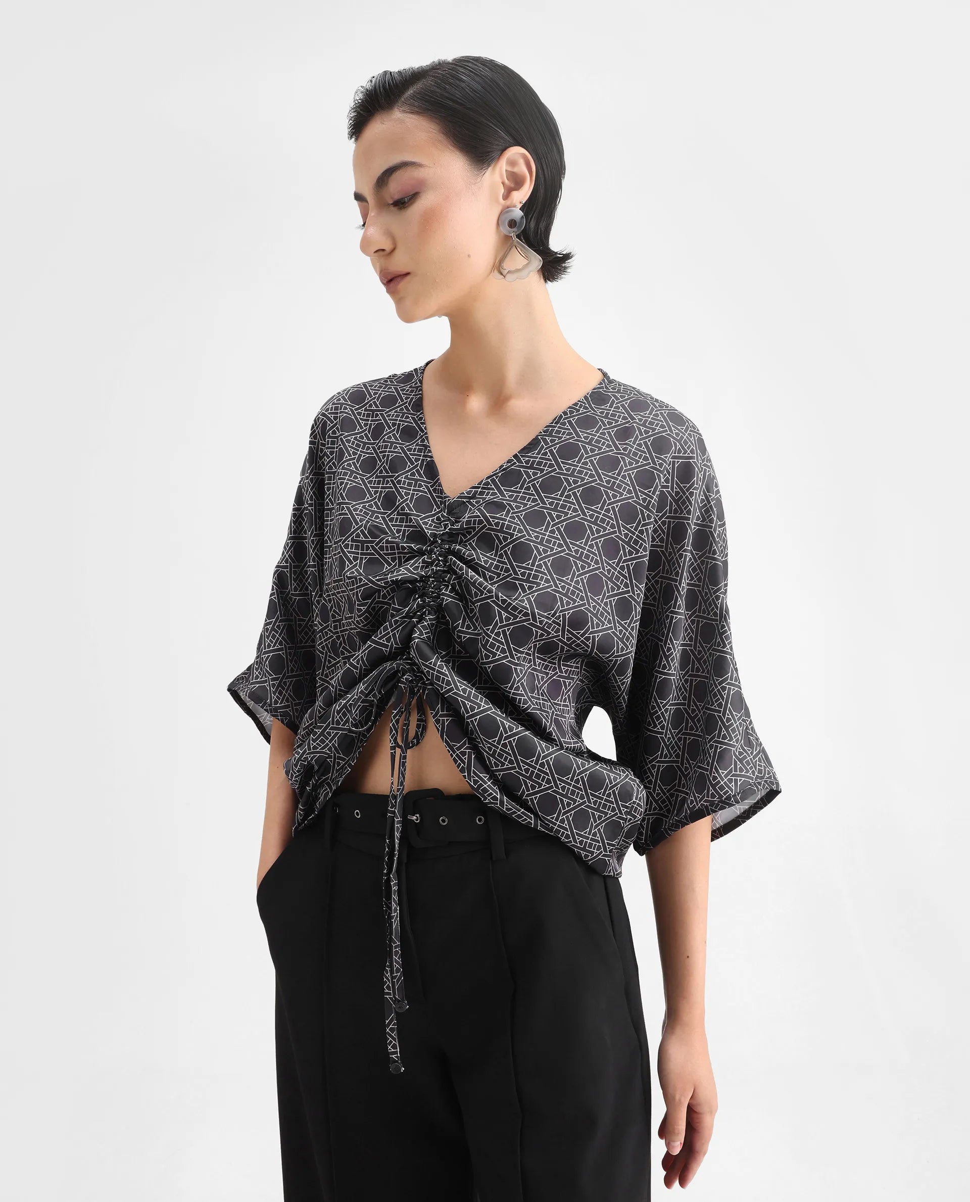 Rareism Women's Sepia Dark Black Polyester V-Neck Geometric Print Extended Sleeves Regular Fit Top