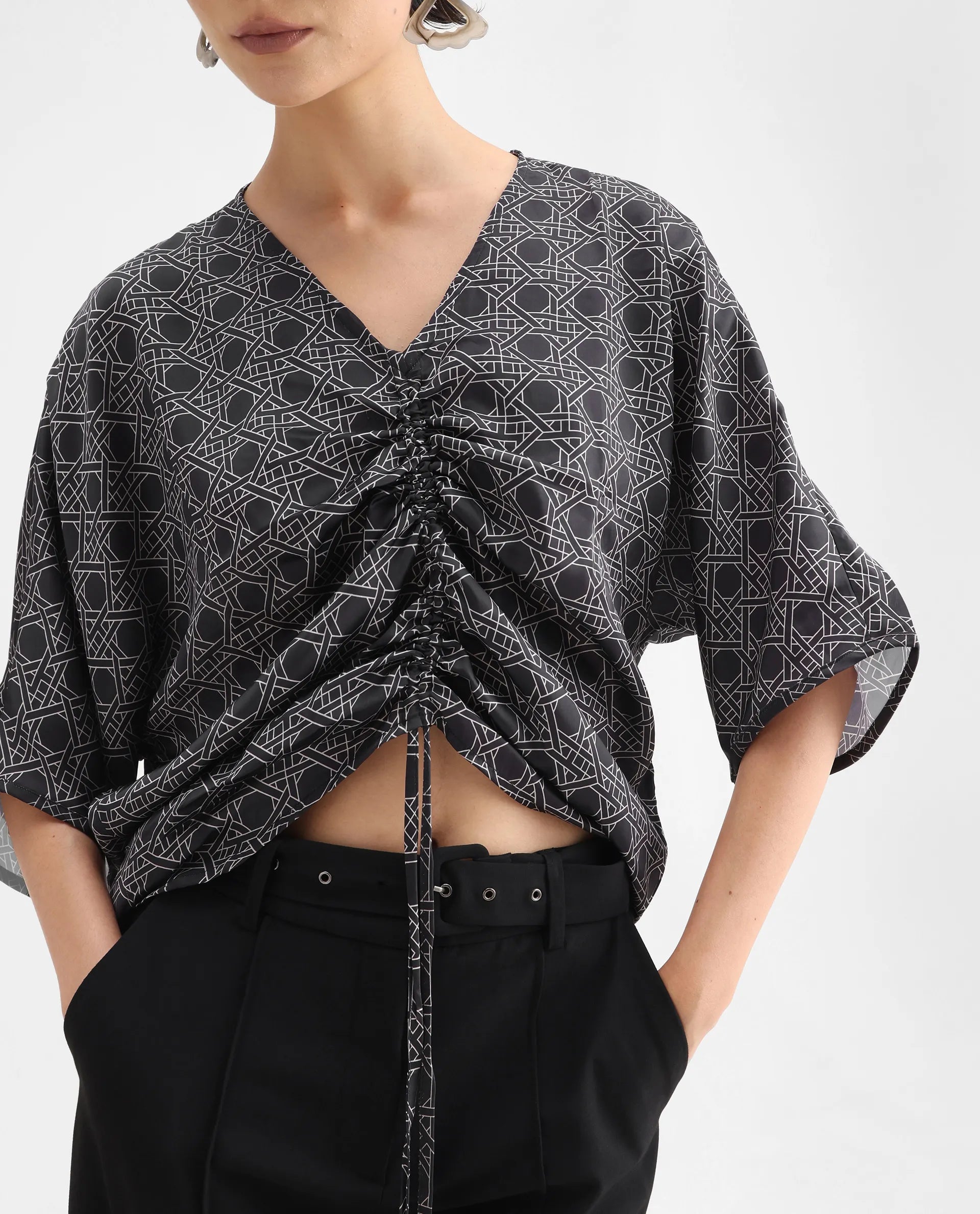 Rareism Women's Sepia Dark Black Polyester V-Neck Geometric Print Extended Sleeves Regular Fit Top