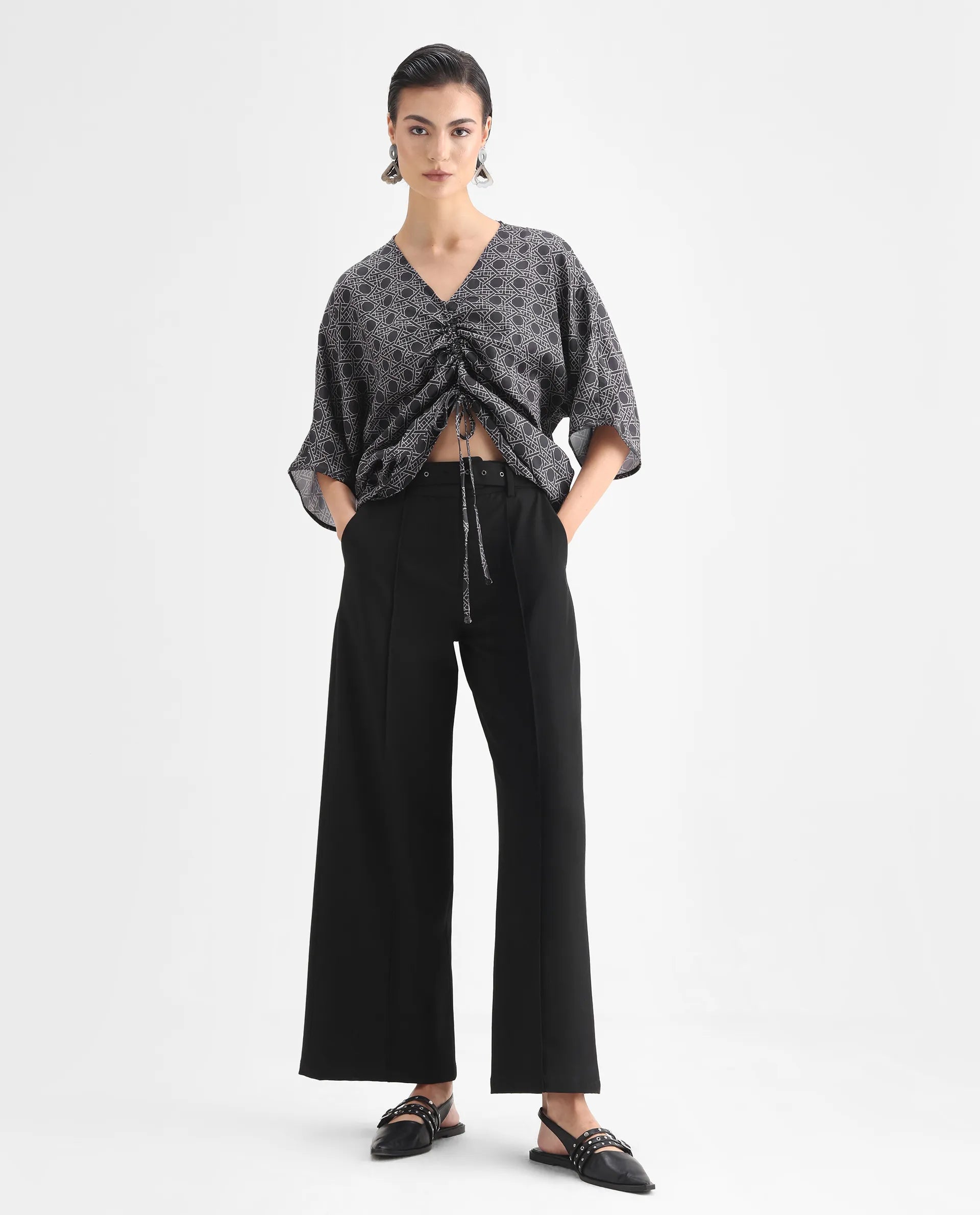 Rareism Women's Sepia Dark Black Polyester V-Neck Geometric Print Extended Sleeves Regular Fit Top