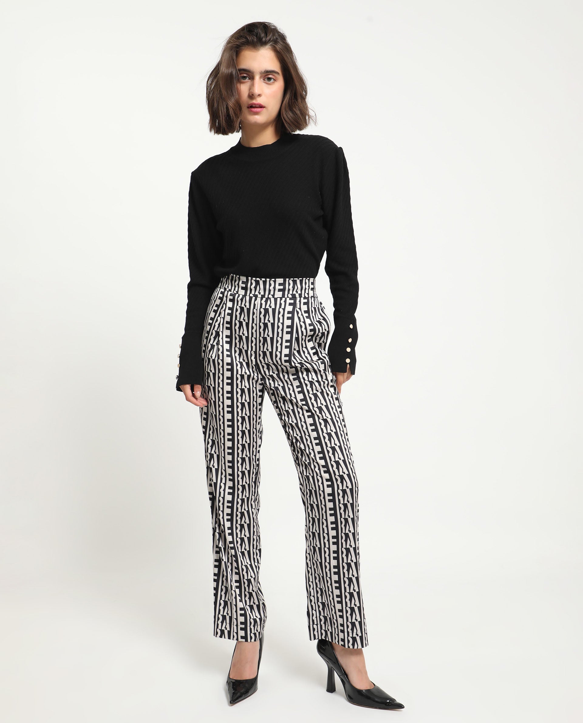 Rareism Women Atantit Black Polyester Fabric Tailored Fit Geometric Print Ankle Length Trousers
