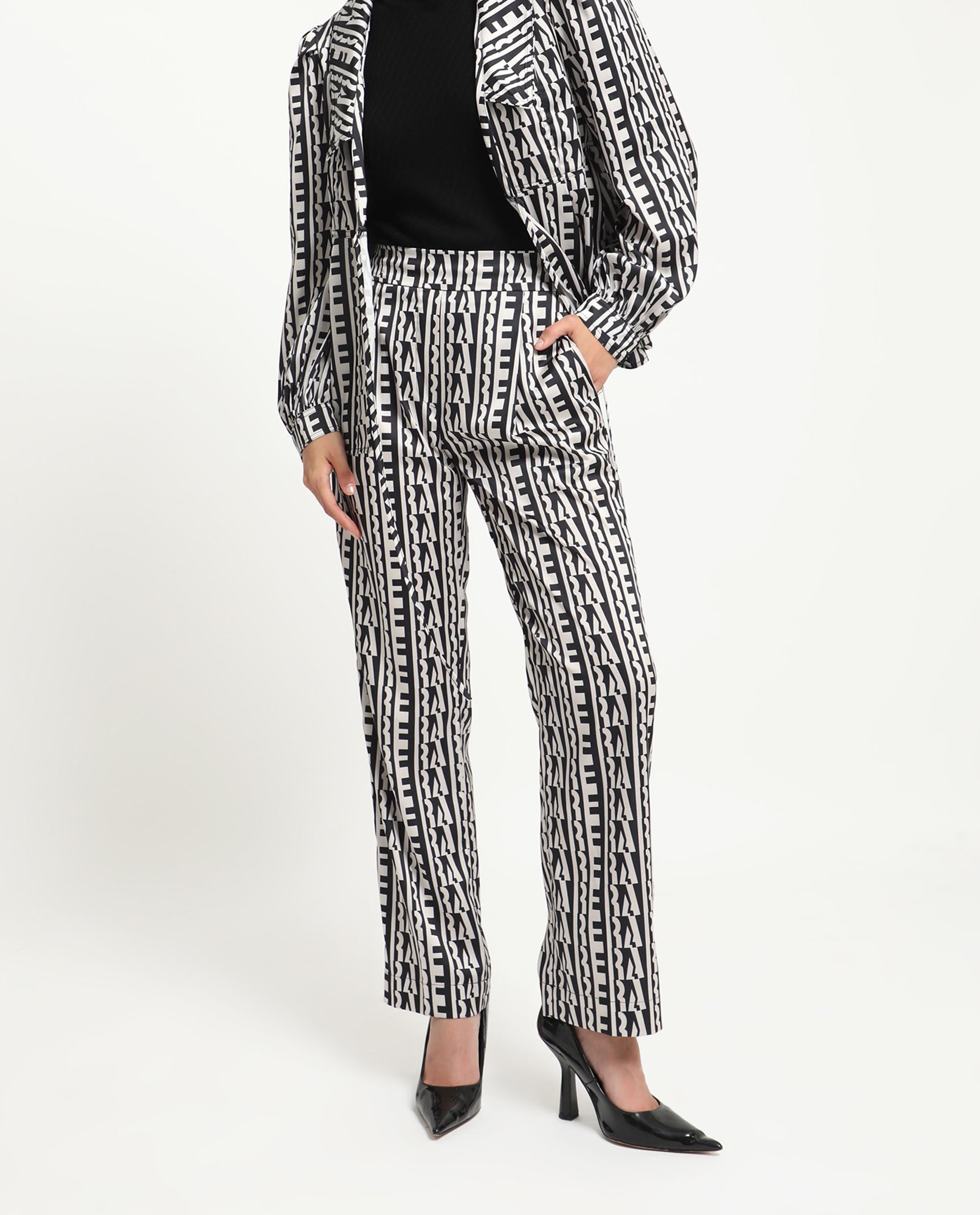 Rareism Women Atantit Black Polyester Fabric Tailored Fit Geometric Print Ankle Length Trousers