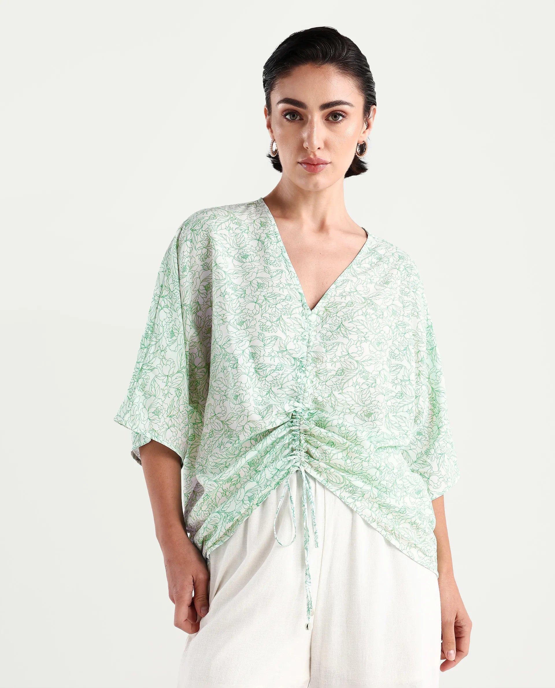 Rareism Women's Sepio-T Light Green Viscose V-Neck Floral Print Extended Sleeves Relaxed Fit Top