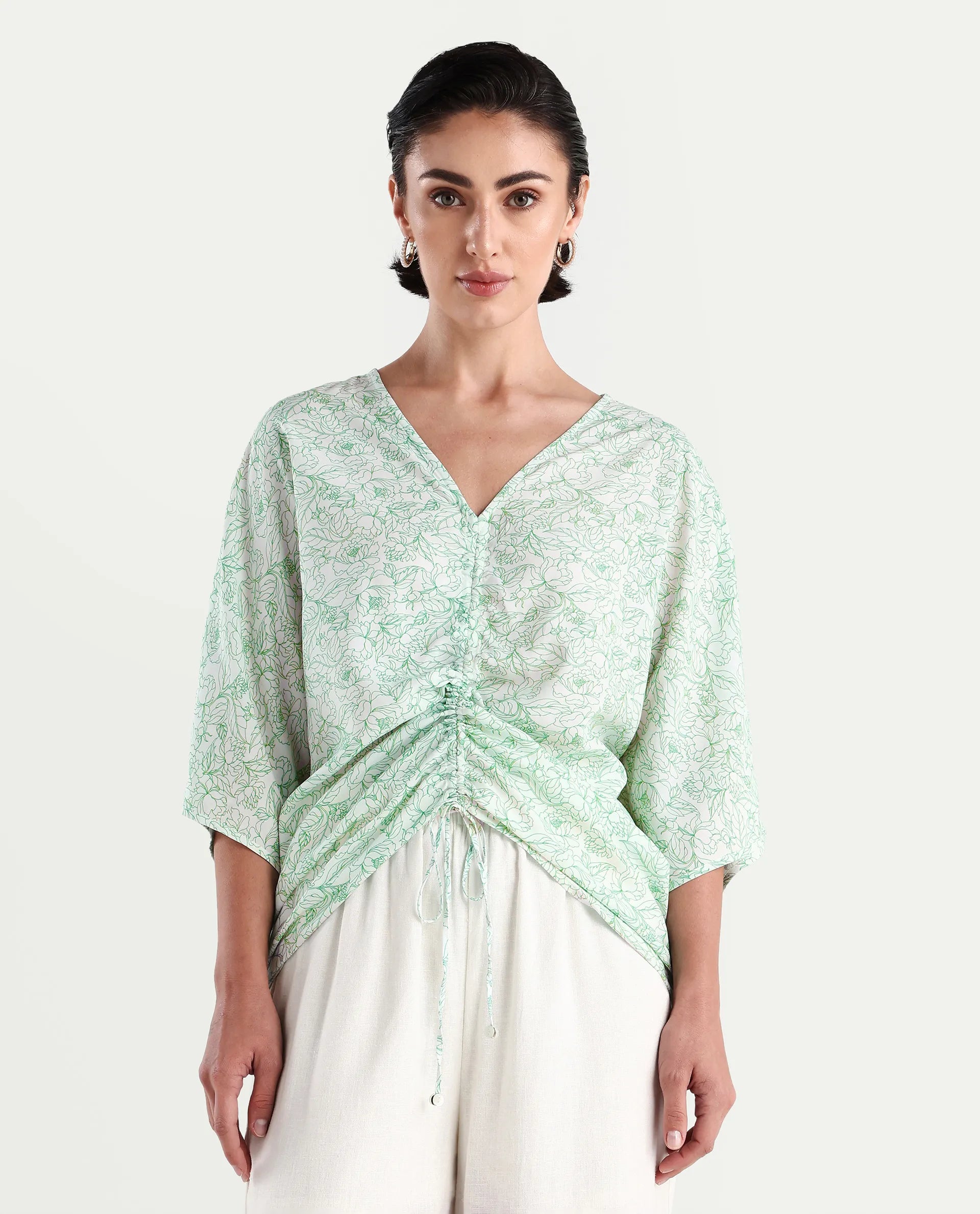 Rareism Women's Sepio-T Light Green Viscose V-Neck Floral Print Extended Sleeves Relaxed Fit Top