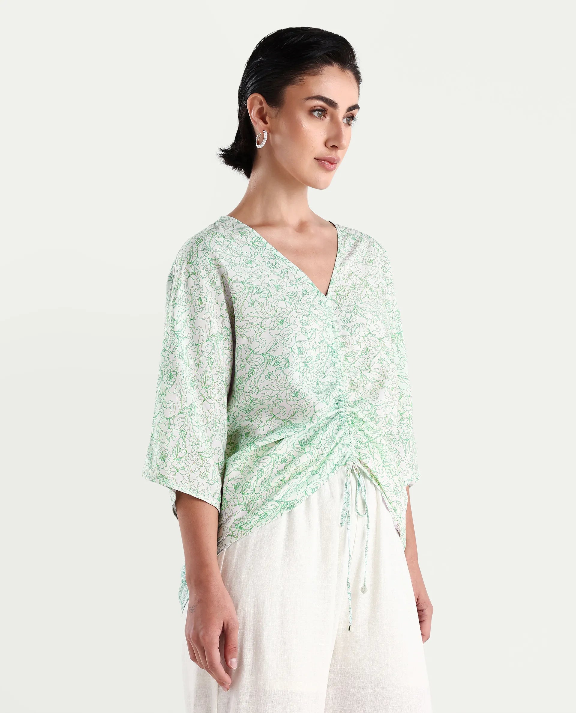 Rareism Women's Sepio-T Light Green Viscose V-Neck Floral Print Extended Sleeves Relaxed Fit Top
