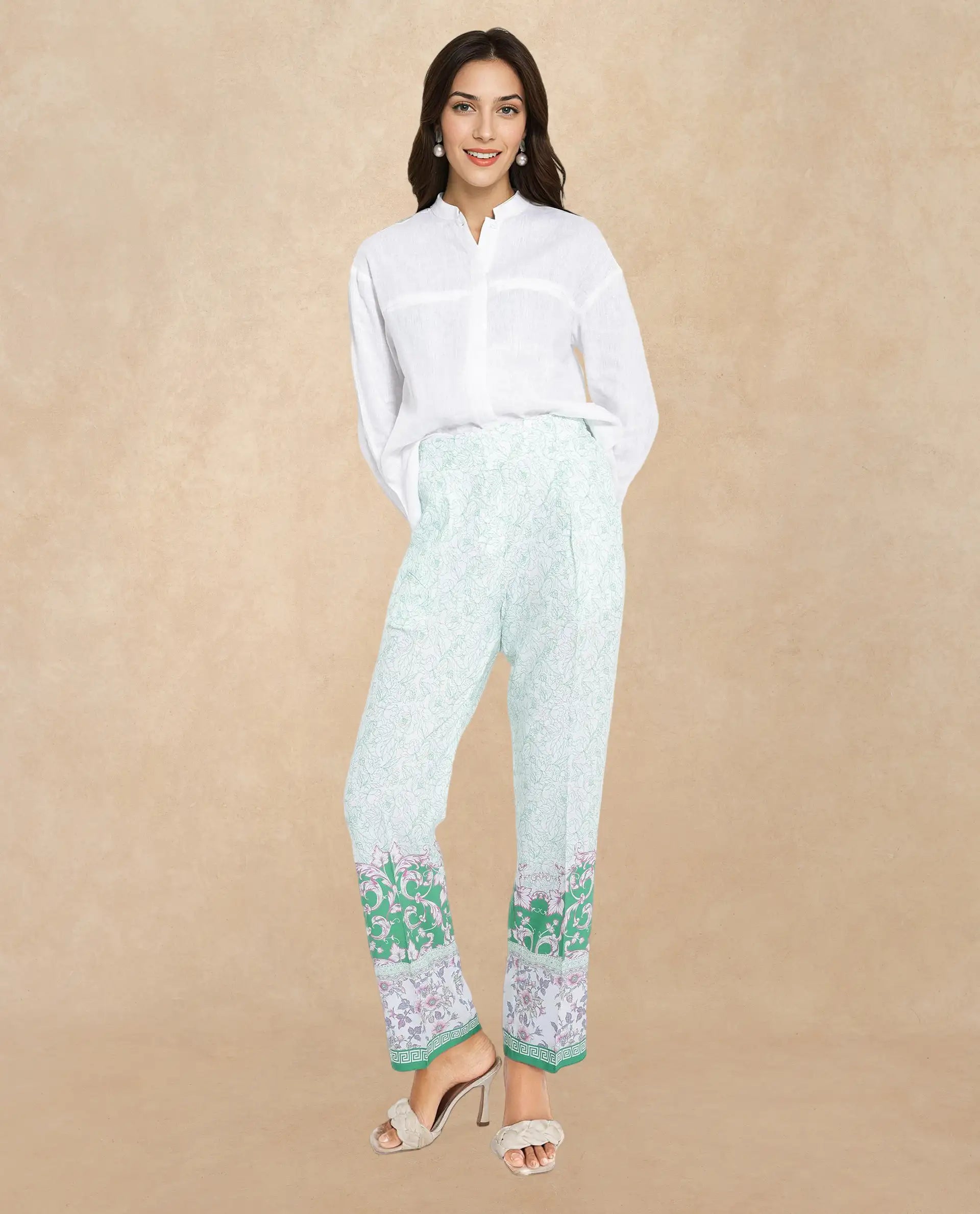 Rareism Women Sepio-B Light Green Tie Up Closure Straight Fit Ankle Length Abstract Print Trouser