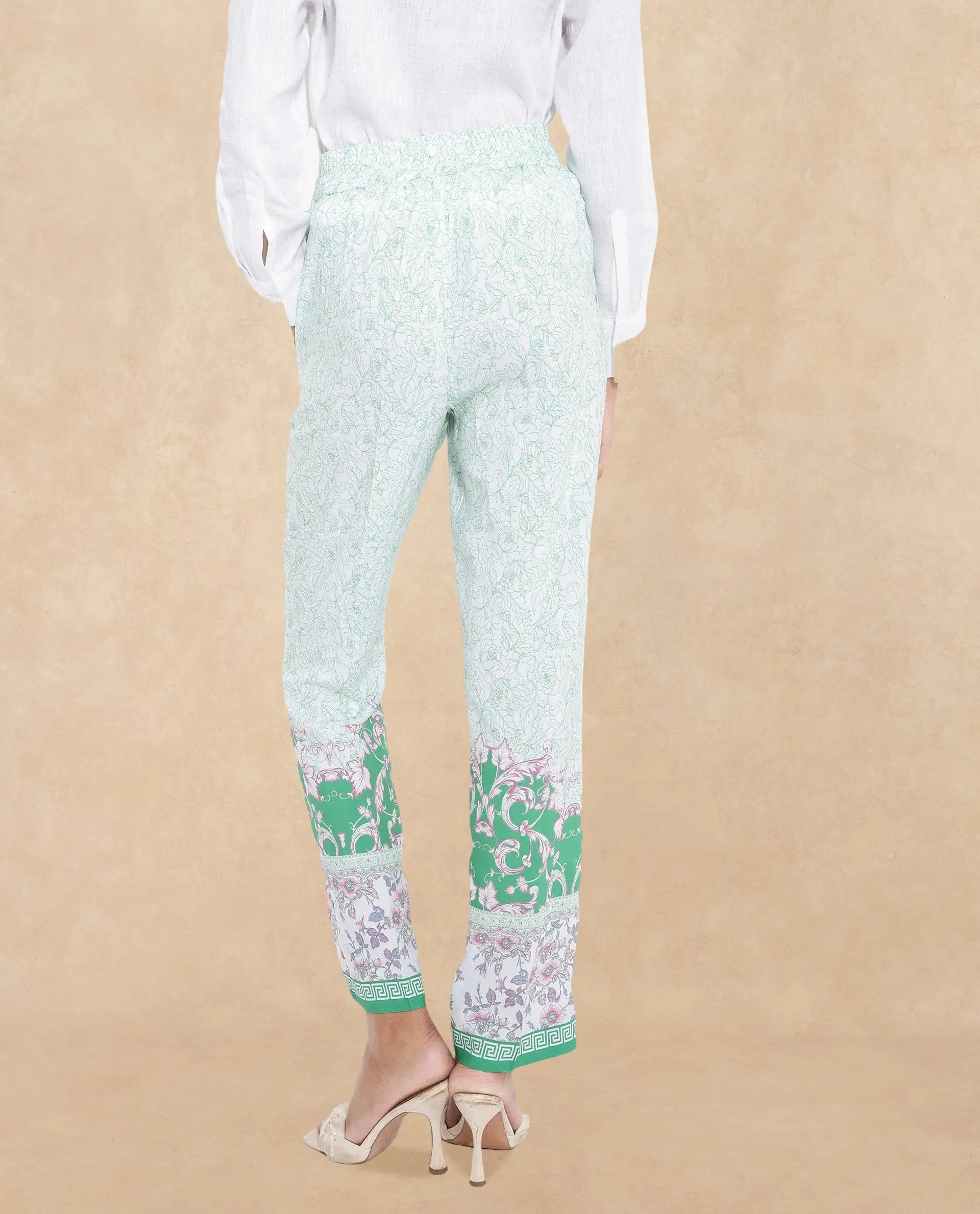 Rareism Women Sepio-B Light Green Tie Up Closure Straight Fit Ankle Length Abstract Print Trouser