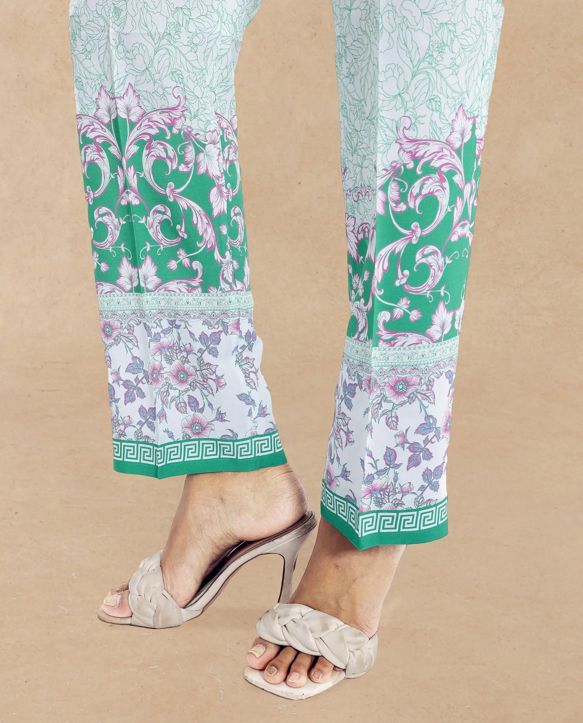 Rareism Women Sepio-B Light Green Tie Up Closure Straight Fit Ankle Length Abstract Print Trouser