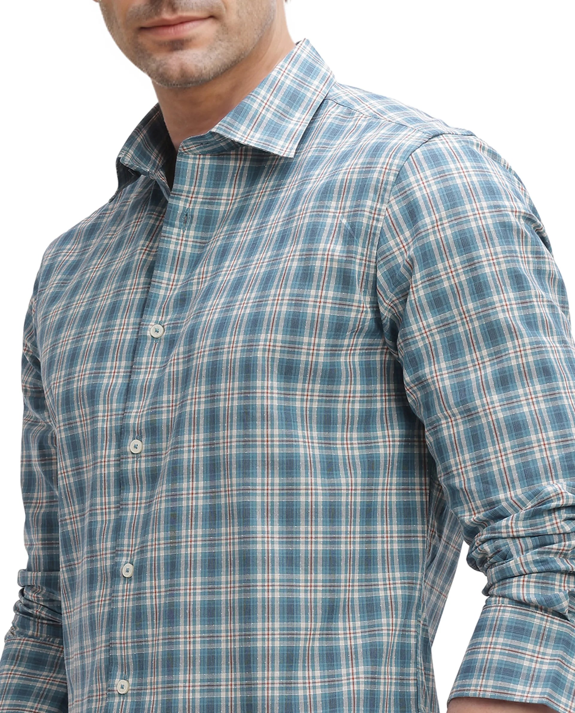 Rare Rabbit Men's Sept Turq Cotton Fabric Full Sleeve Regular Fit Checks Shirt