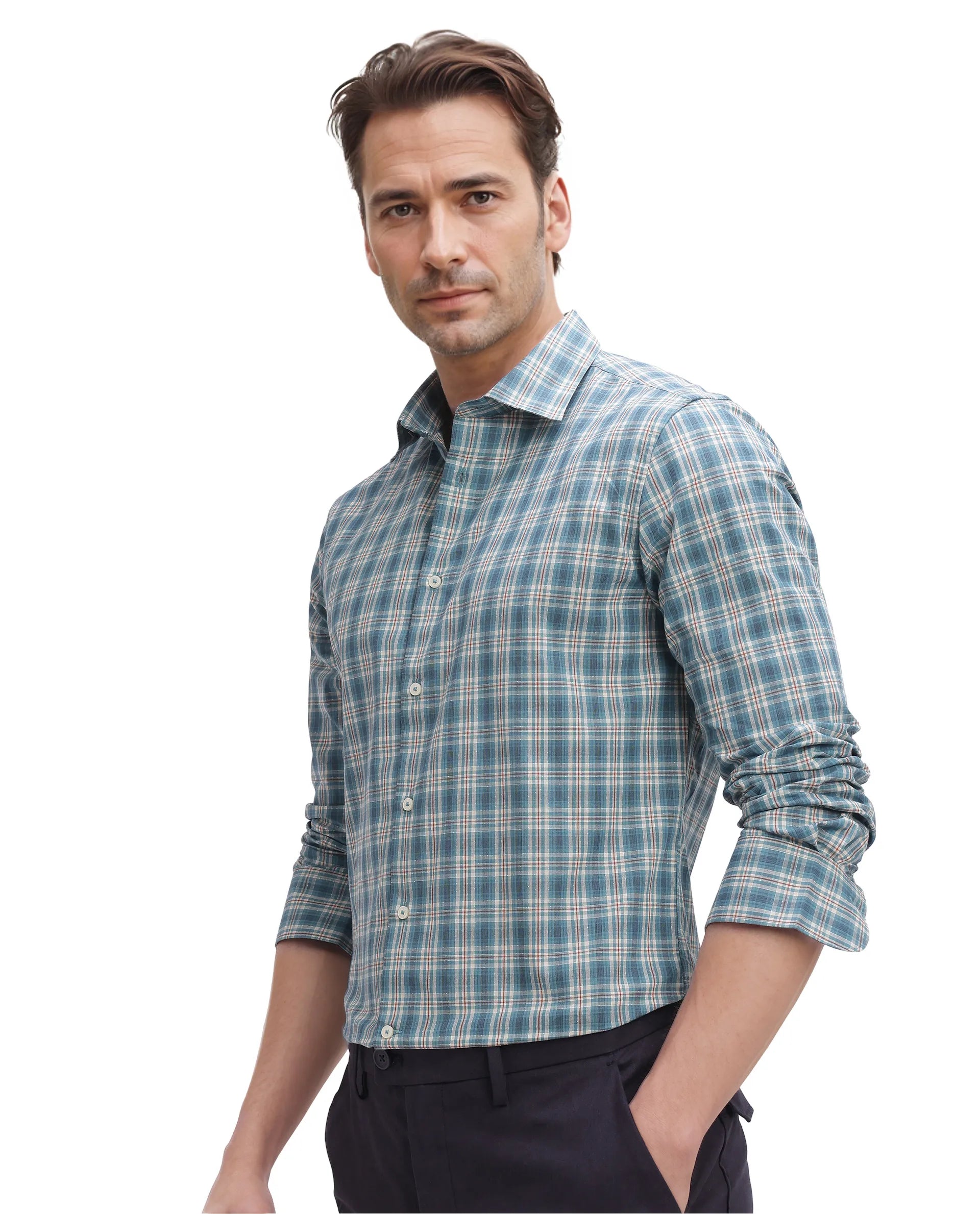 Rare Rabbit Men's Sept Turq Cotton Fabric Full Sleeve Regular Fit Checks Shirt