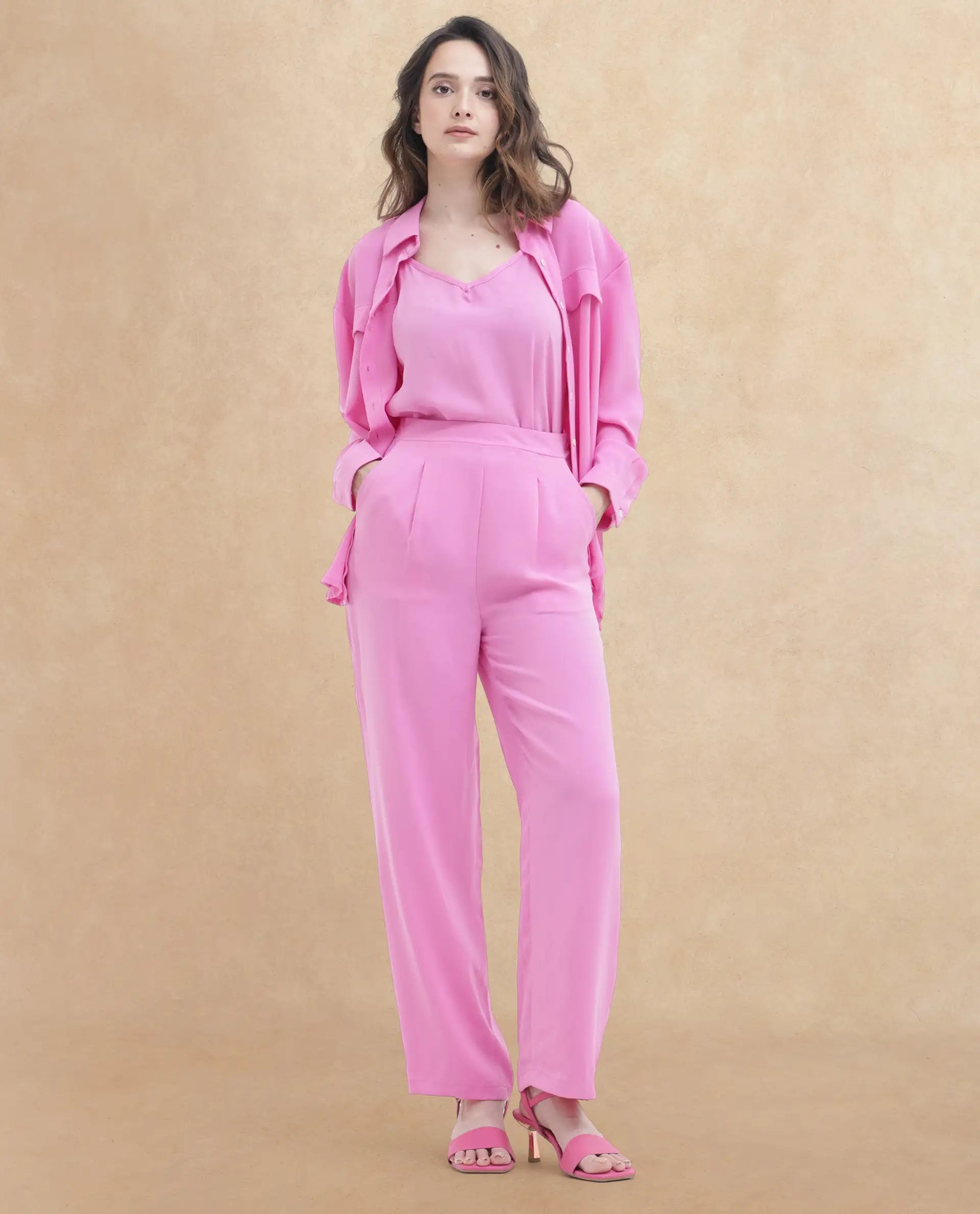 Rareism Women Serbay Pink Polyester Fabric Straight Fit Plain Ankle Length Trousers