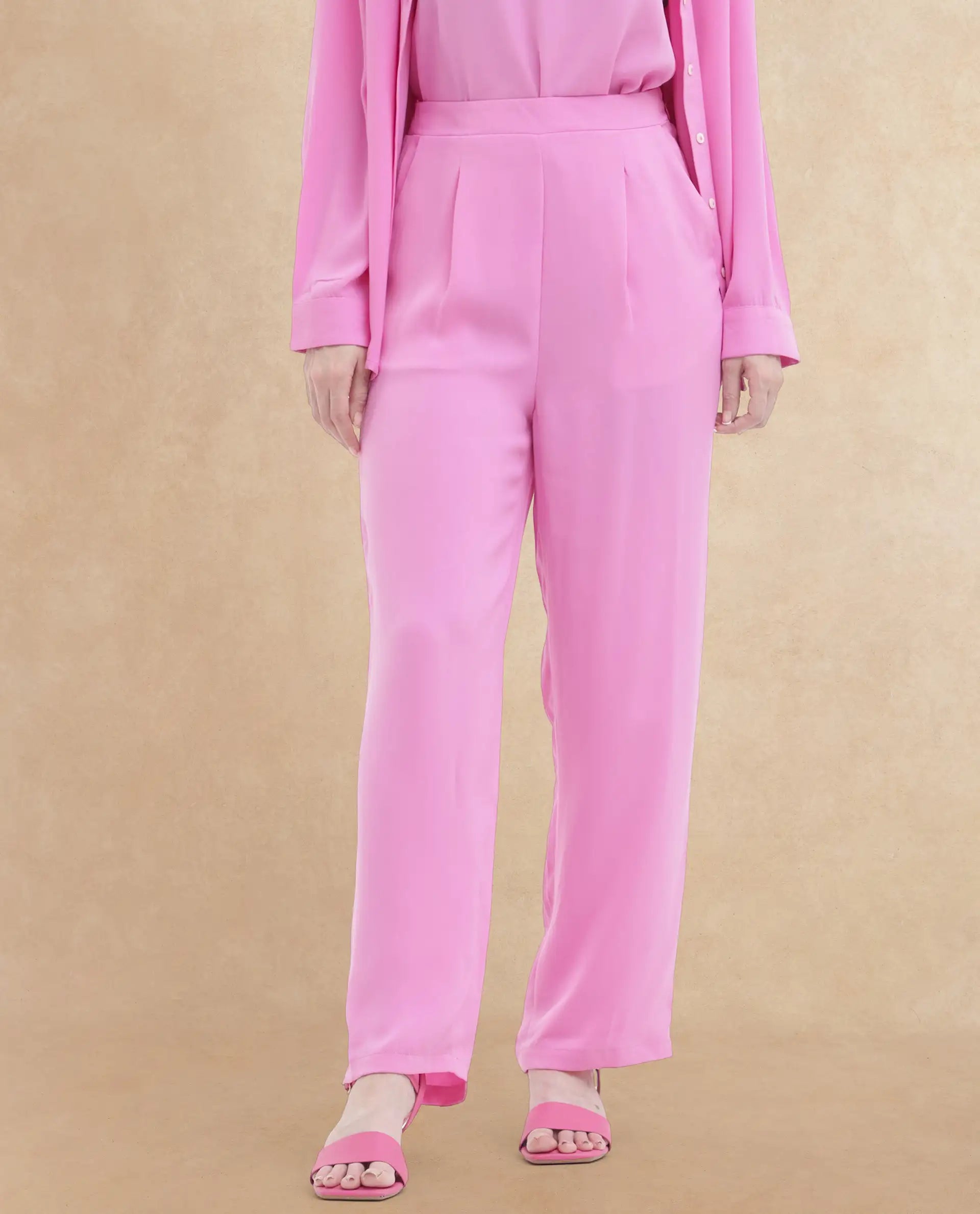 Rareism Women Serbay Pink Polyester Fabric Straight Fit Plain Ankle Length Trousers