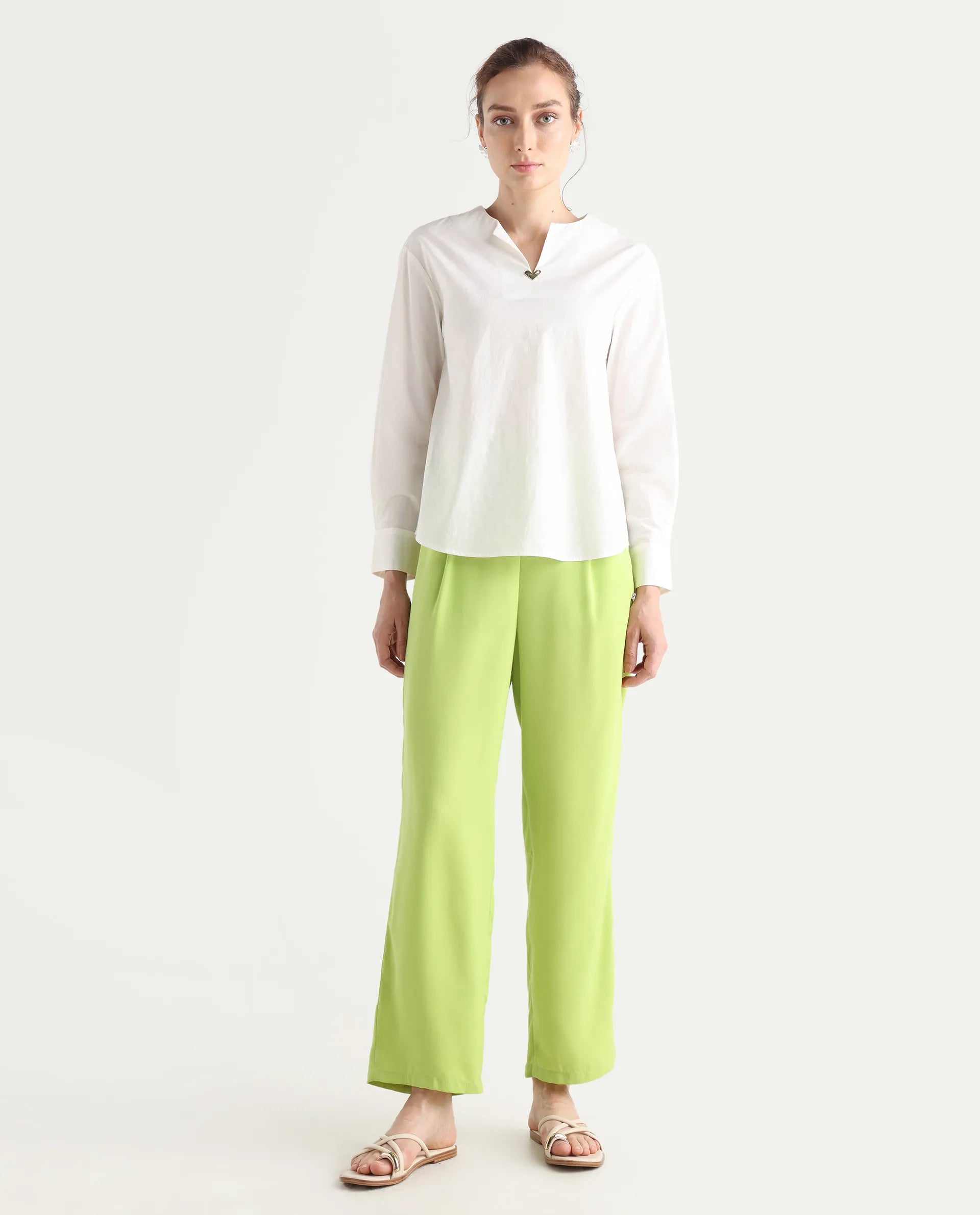Rareism Women's Serbay-B Green Polyester Plain Ankle Length Straight Fit Trouser