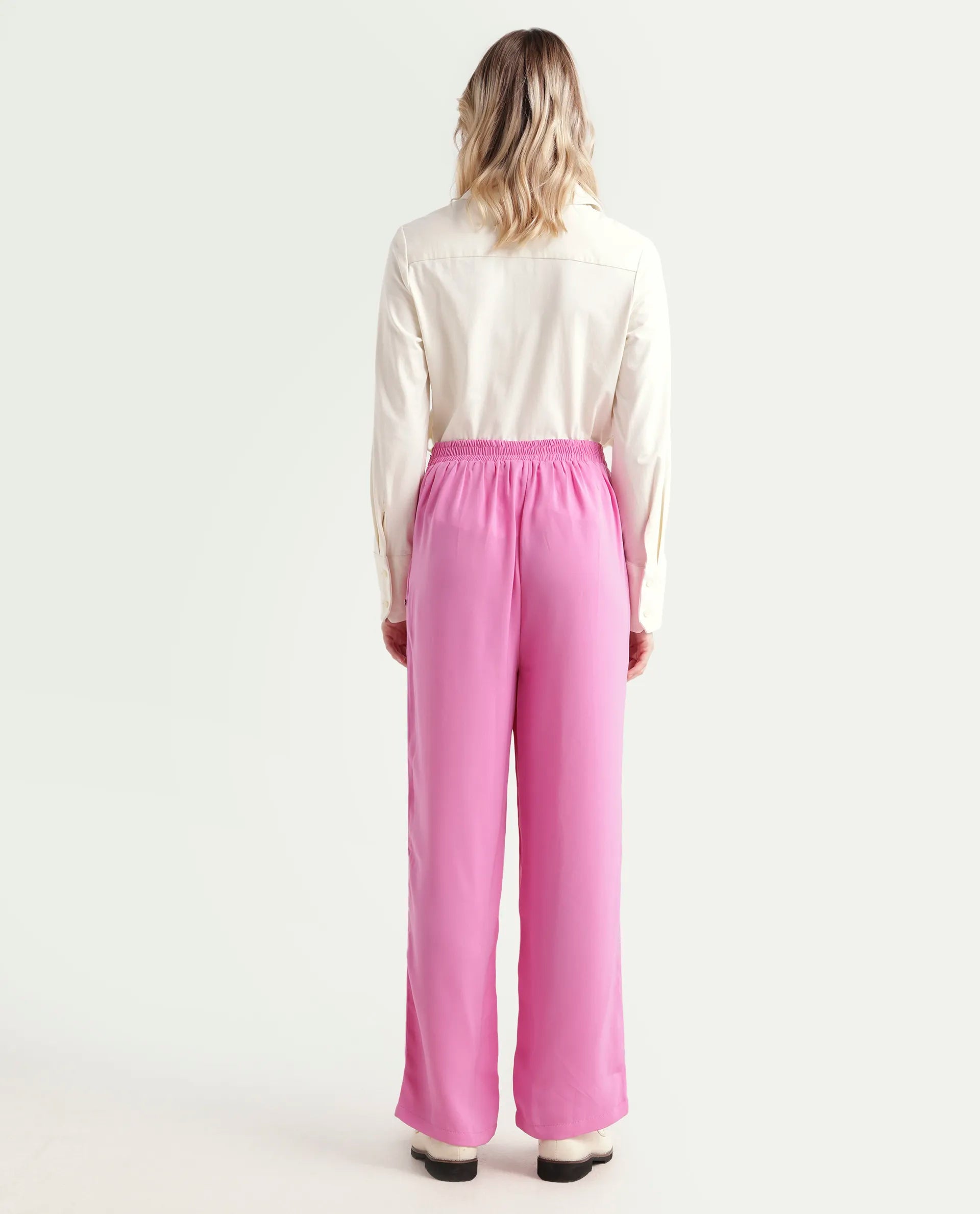 Rareism Women's Serbay-B Pink Polyester Plain Ankle Length Straight Fit Trouser
