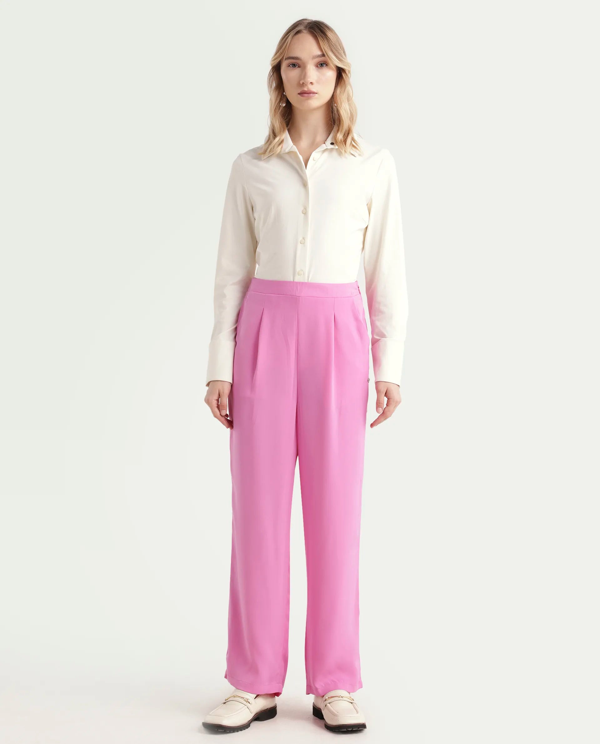 Rareism Women's Serbay-B Pink Polyester Plain Ankle Length Straight Fit Trouser