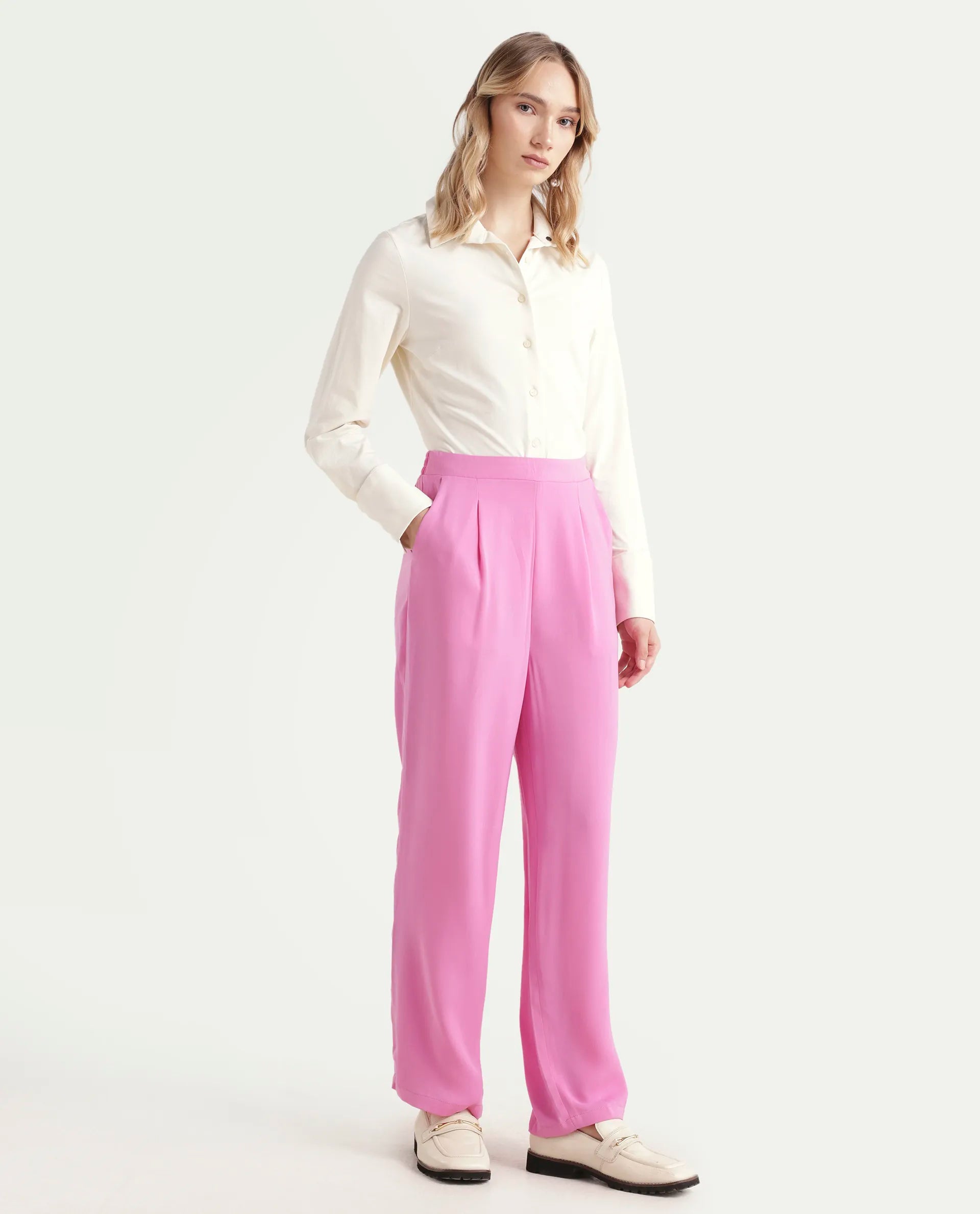 Rareism Women's Serbay-B Pink Polyester Plain Ankle Length Straight Fit Trouser