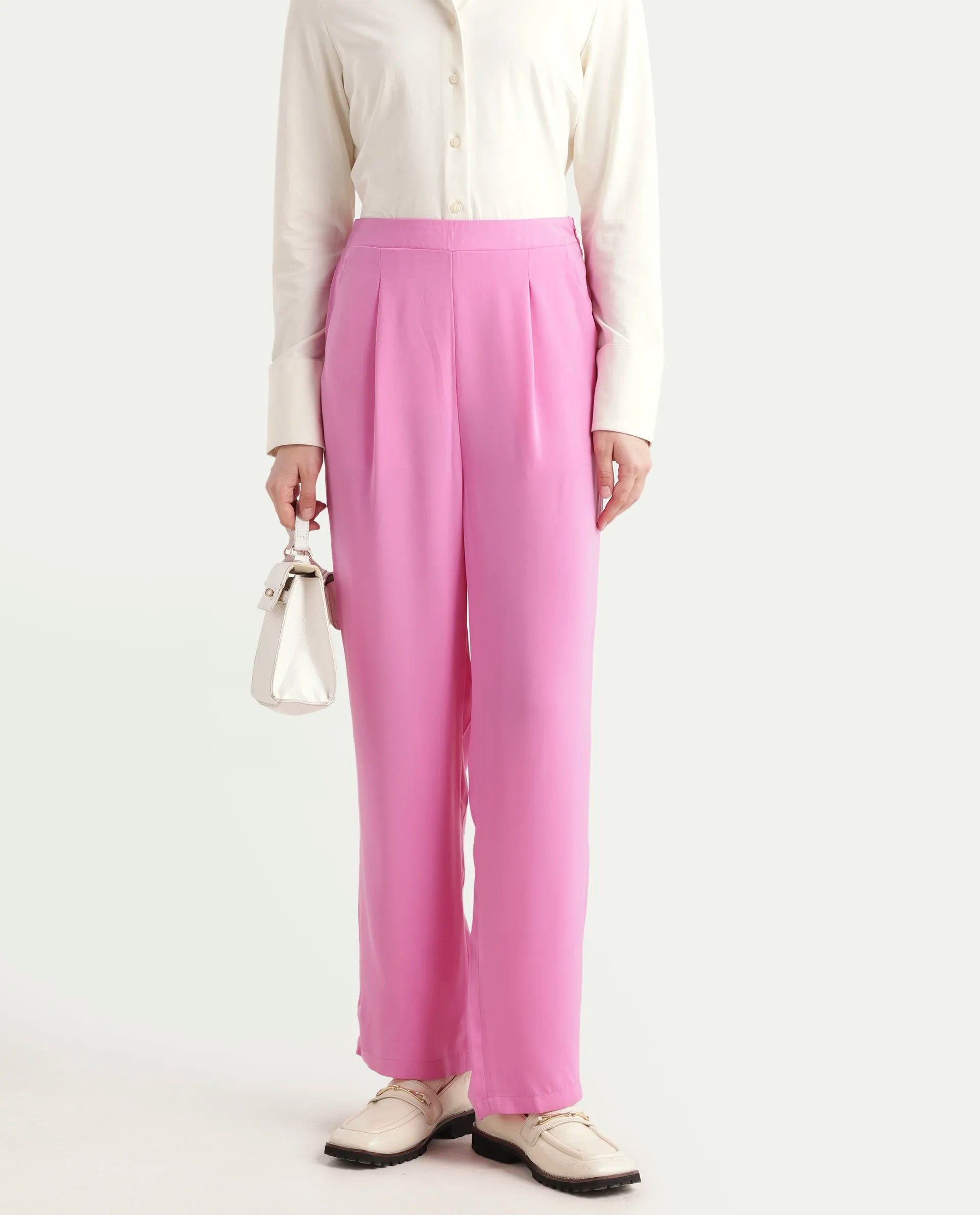 Rareism Women's Serbay-B Pink Polyester Plain Ankle Length Straight Fit Trouser