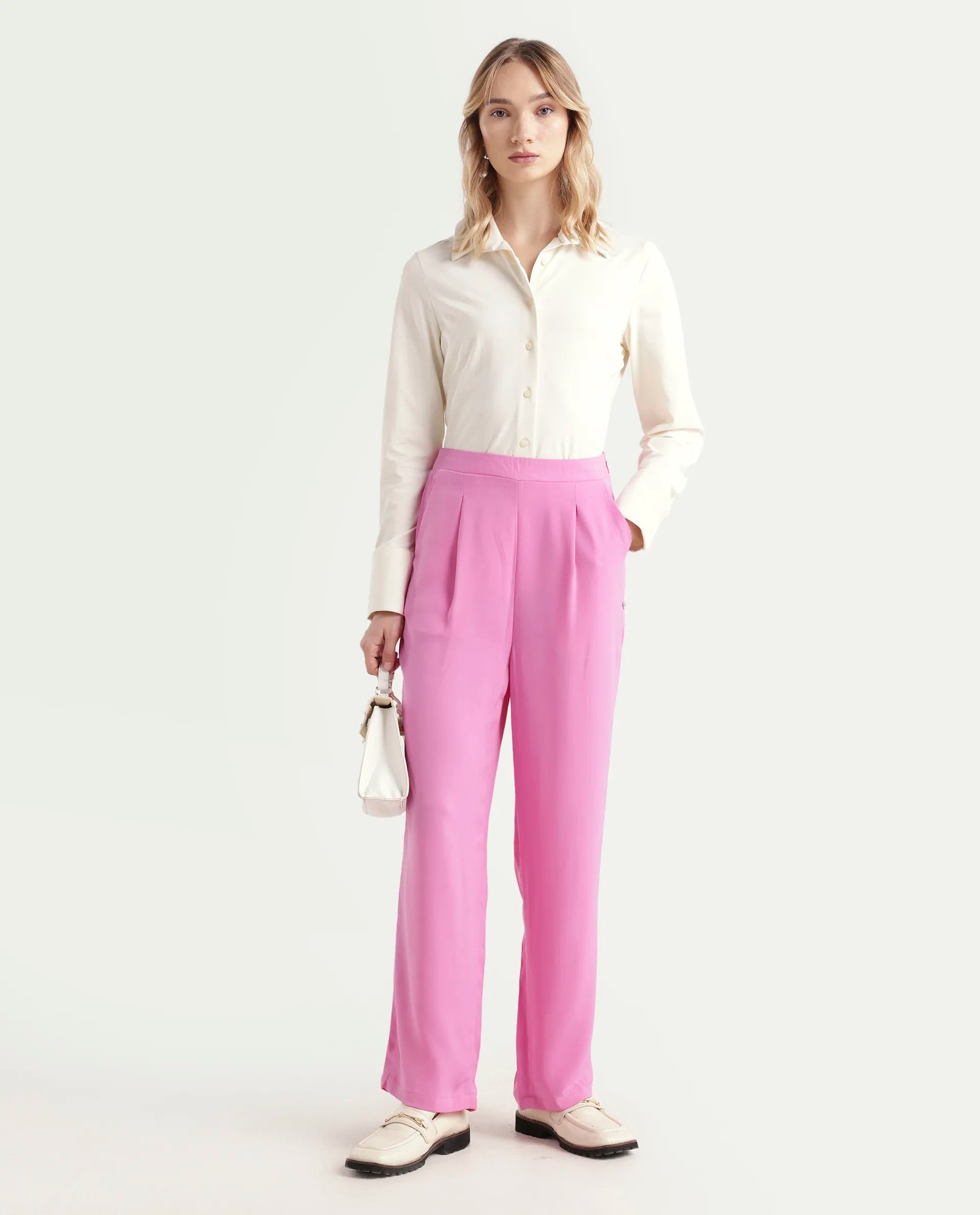 Rareism Women's Serbay-B Pink Polyester Plain Ankle Length Straight Fit Trouser