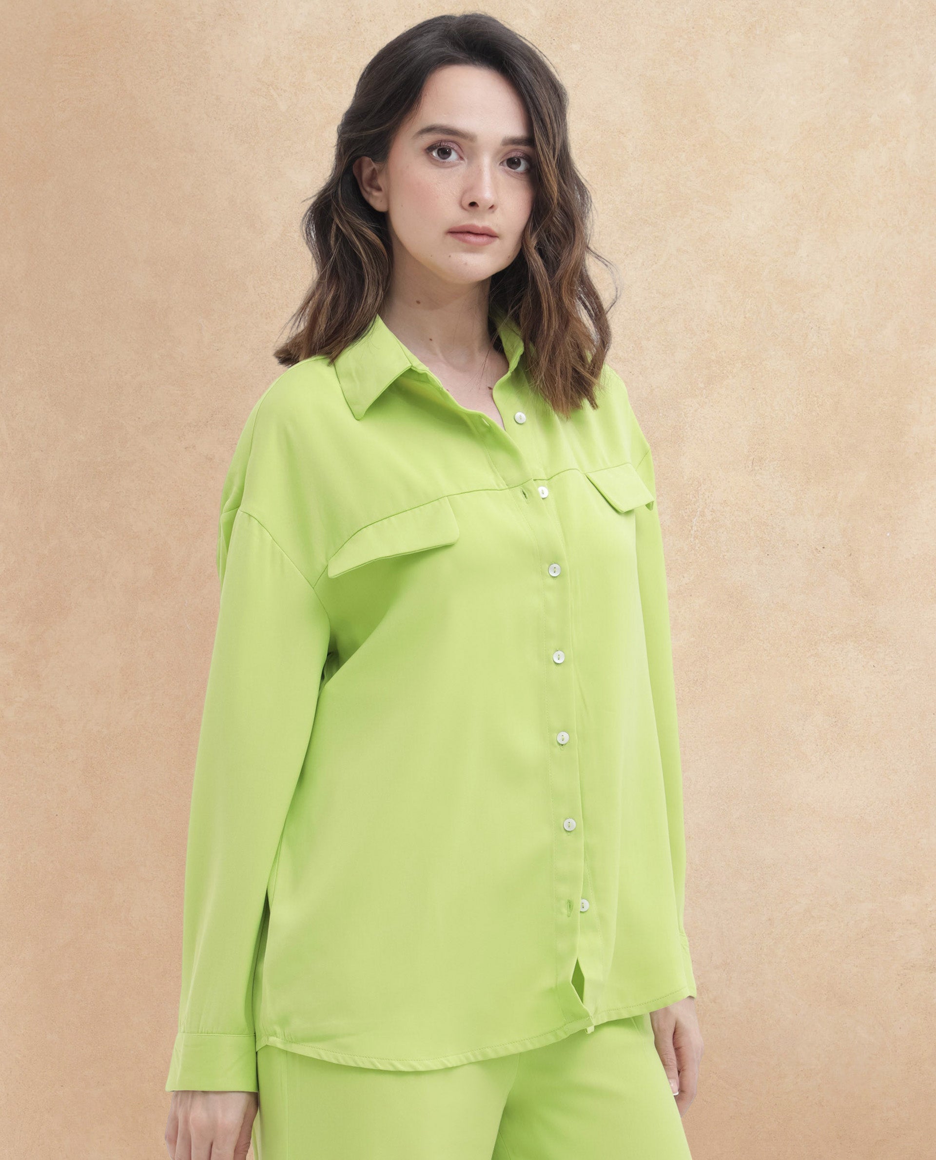 Rareism Women Sergey Green Polyester Fabric Full Sleeves Button Closure Collared Neck Cuffed Sleeve Regular Fit Plain Shirt