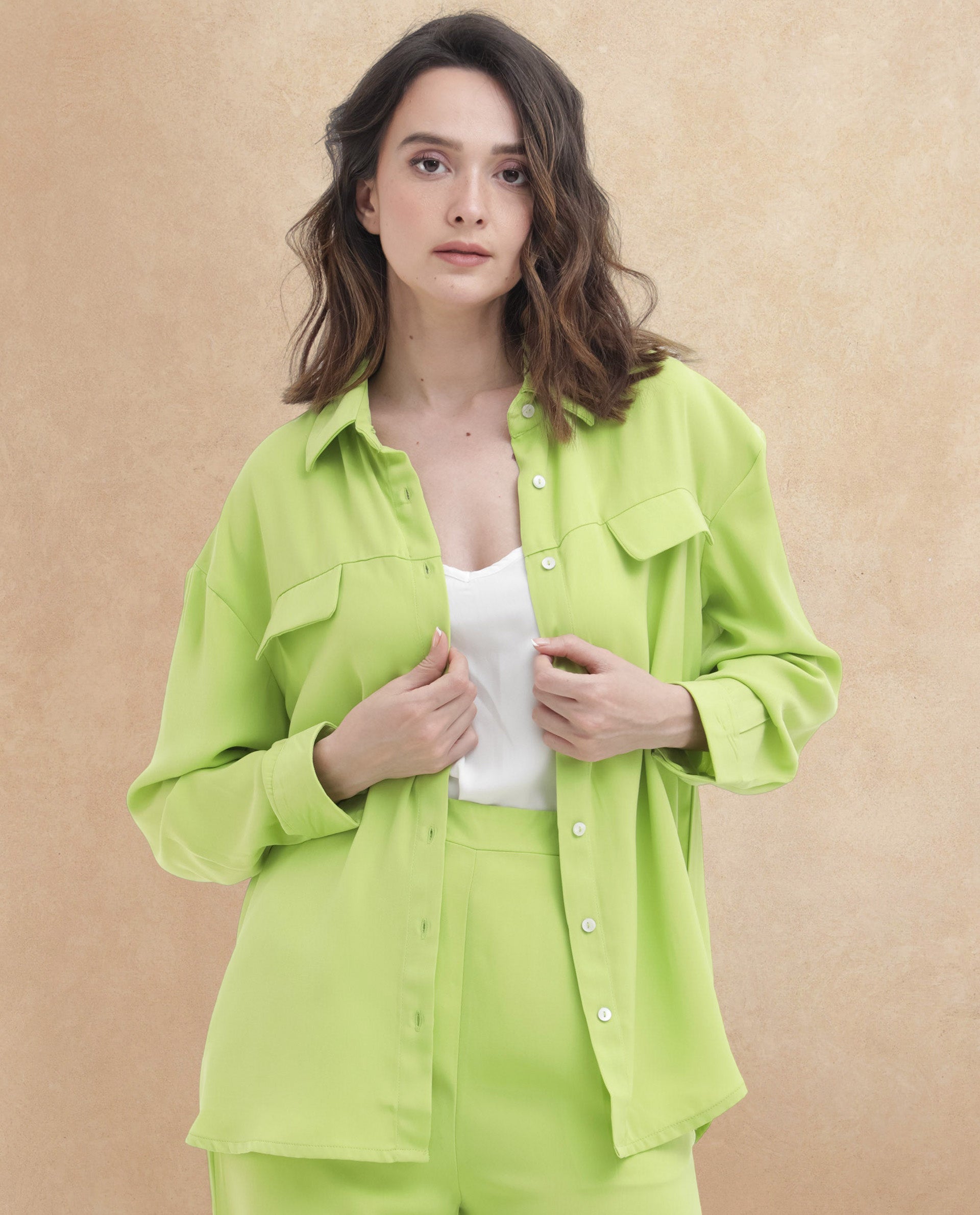 Rareism Women Sergey Green Polyester Fabric Full Sleeves Button Closure Collared Neck Cuffed Sleeve Regular Fit Plain Shirt