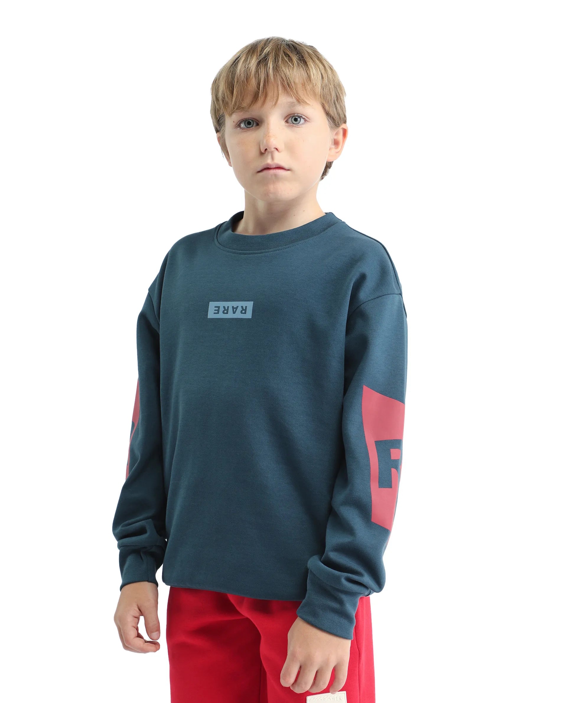 Rare Ones Kids Seron-25 Dark Teal Cotton Blend Pull-On Closure Placement Print Full Sleeves Oversized Sweatshirt
