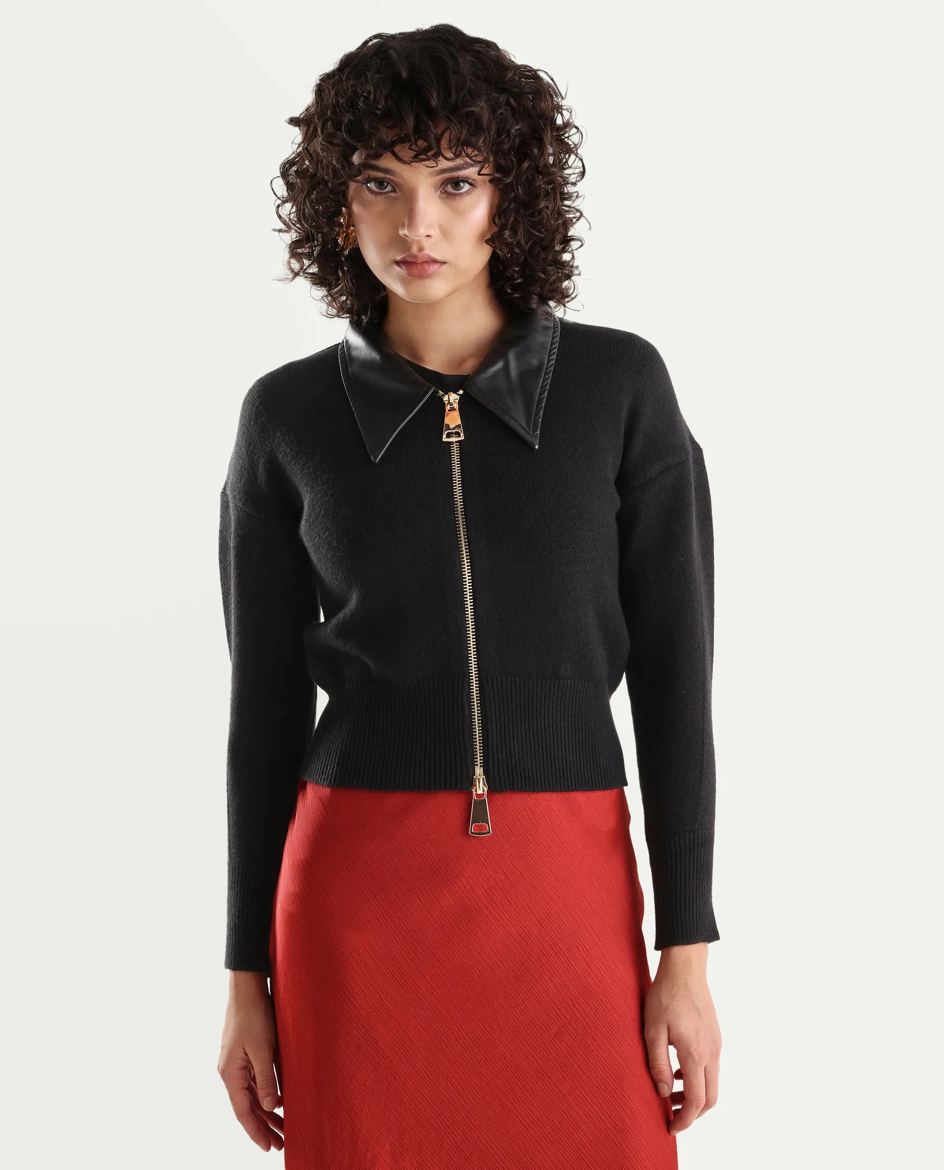 Rareism Women's Serpen Black High Neck Plain Relaxed Fit Jacket