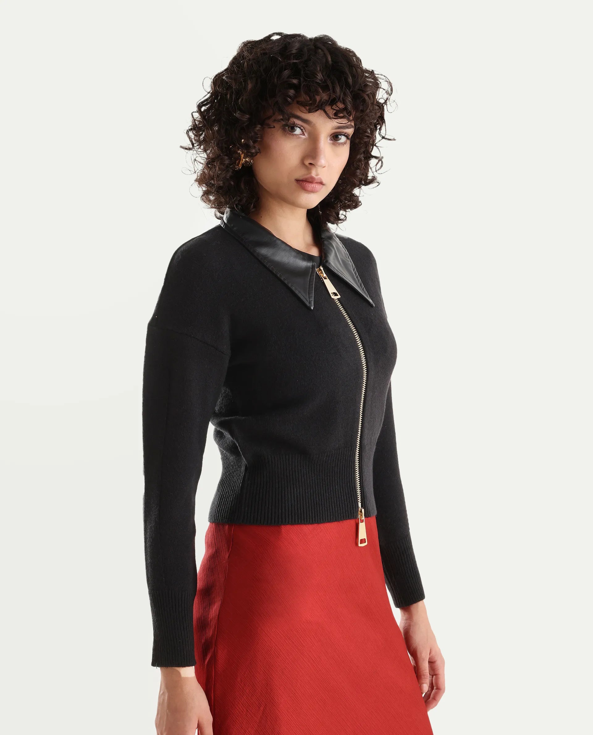 Rareism Women's Serpen Black High Neck Plain Relaxed Fit Jacket