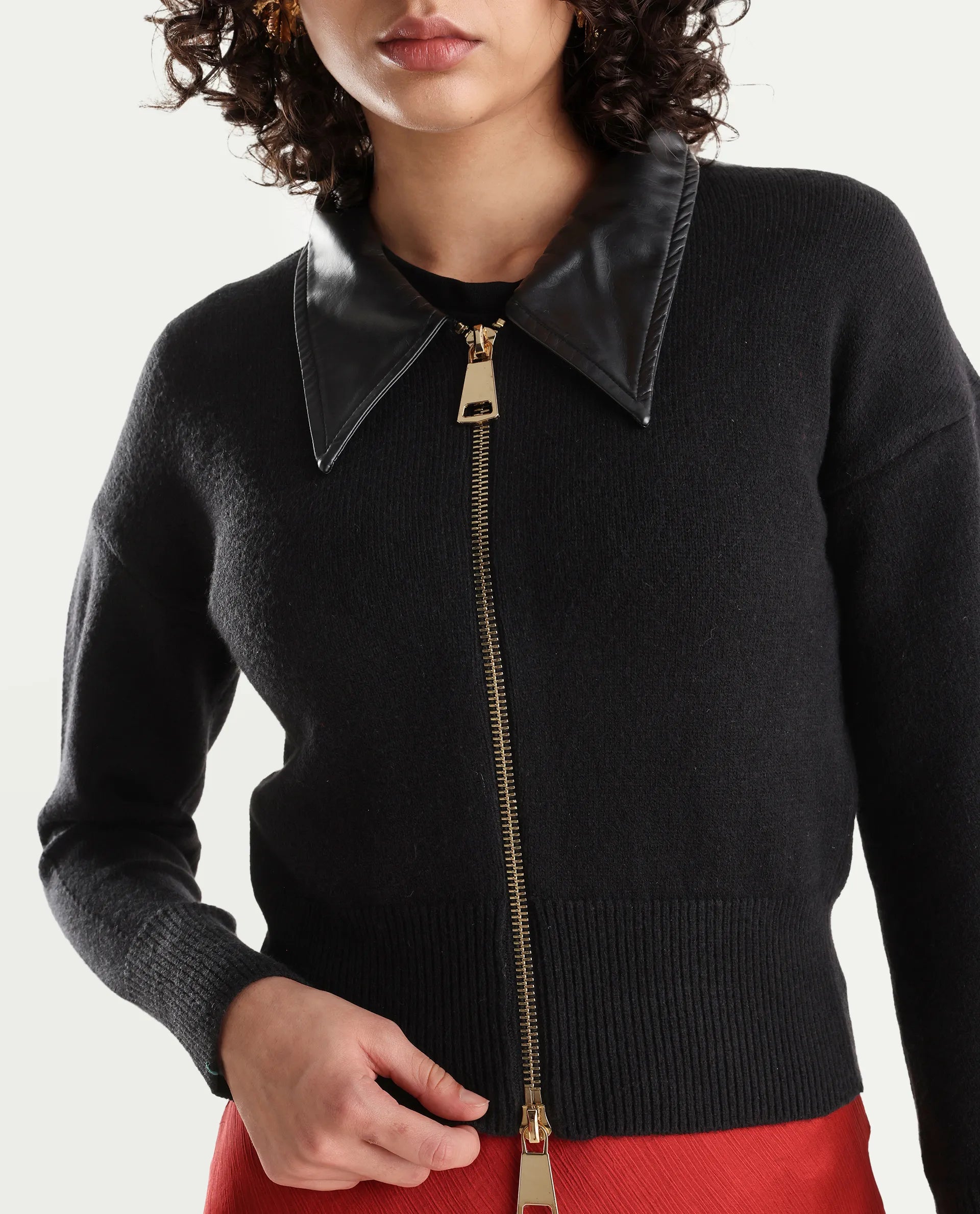 Rareism Women's Serpen Black High Neck Plain Relaxed Fit Jacket