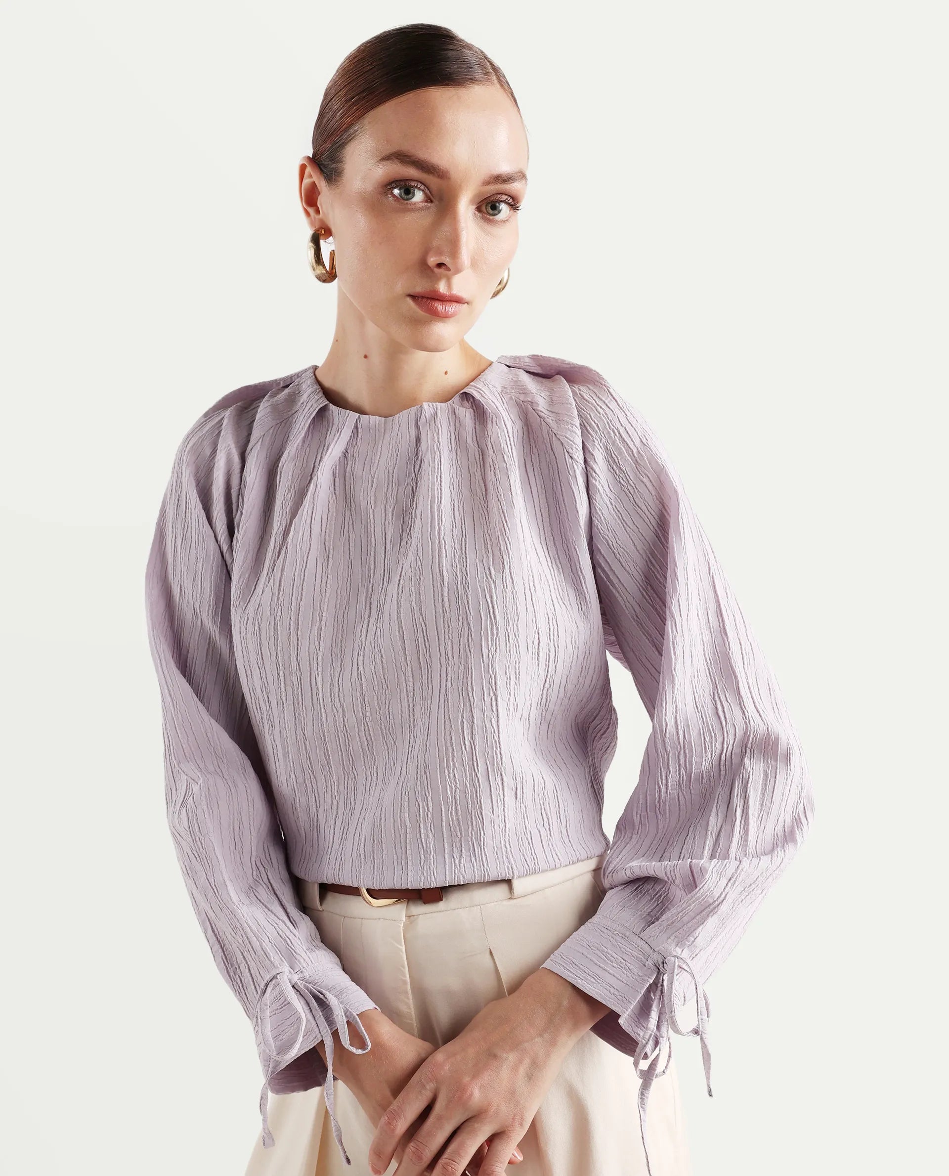 Rareism Women's Serty Grey Polyester Tie-Up Neck Plain Raglan Sleeve Regular Fit Top